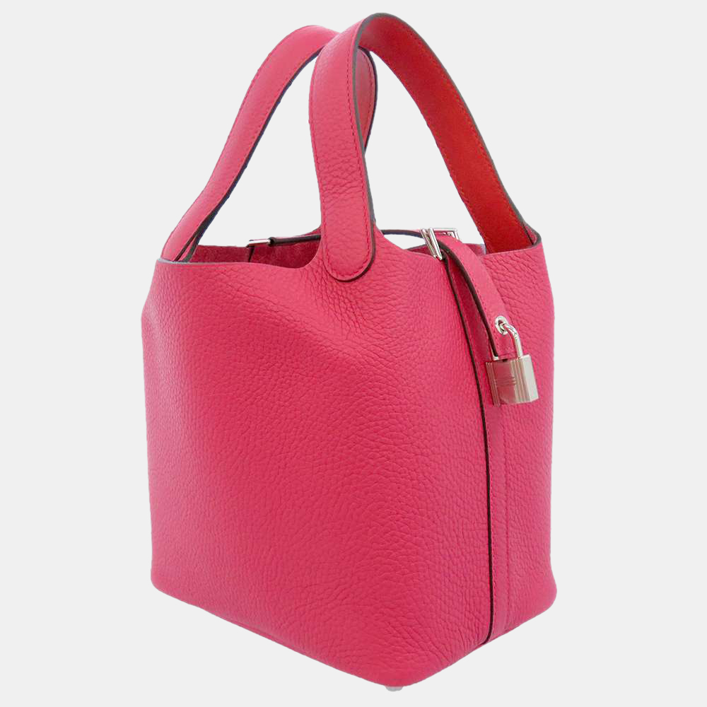 

Hermes Pink Taurillon Clemence Swift Leather Eclat Picotin Lock PM Top Handle Bag