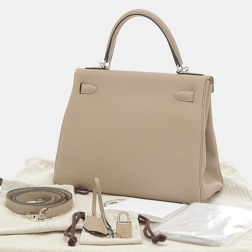 

Hermes Kelly 28 Inner Stitch Togo Tourtiere Gray C Engraved Handbag, Beige