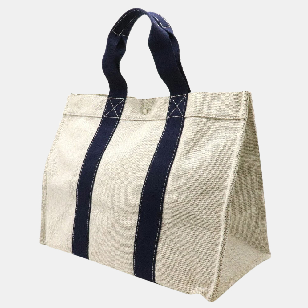 

Hermes Bora GM Tote Bag Handbag Toile Ash Canvas Beige Navy Blue