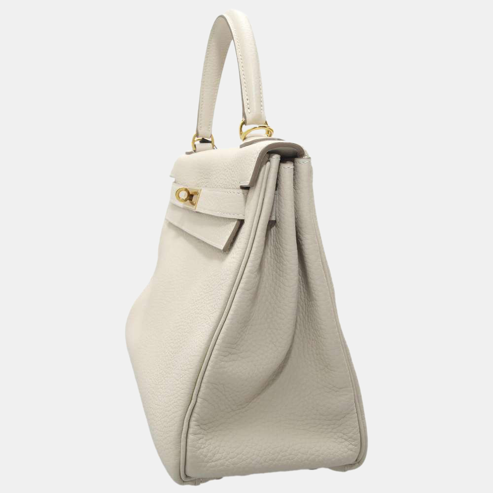 

Hermes White Taurillon Clemence Leather Kelly Retourne 28 Bag