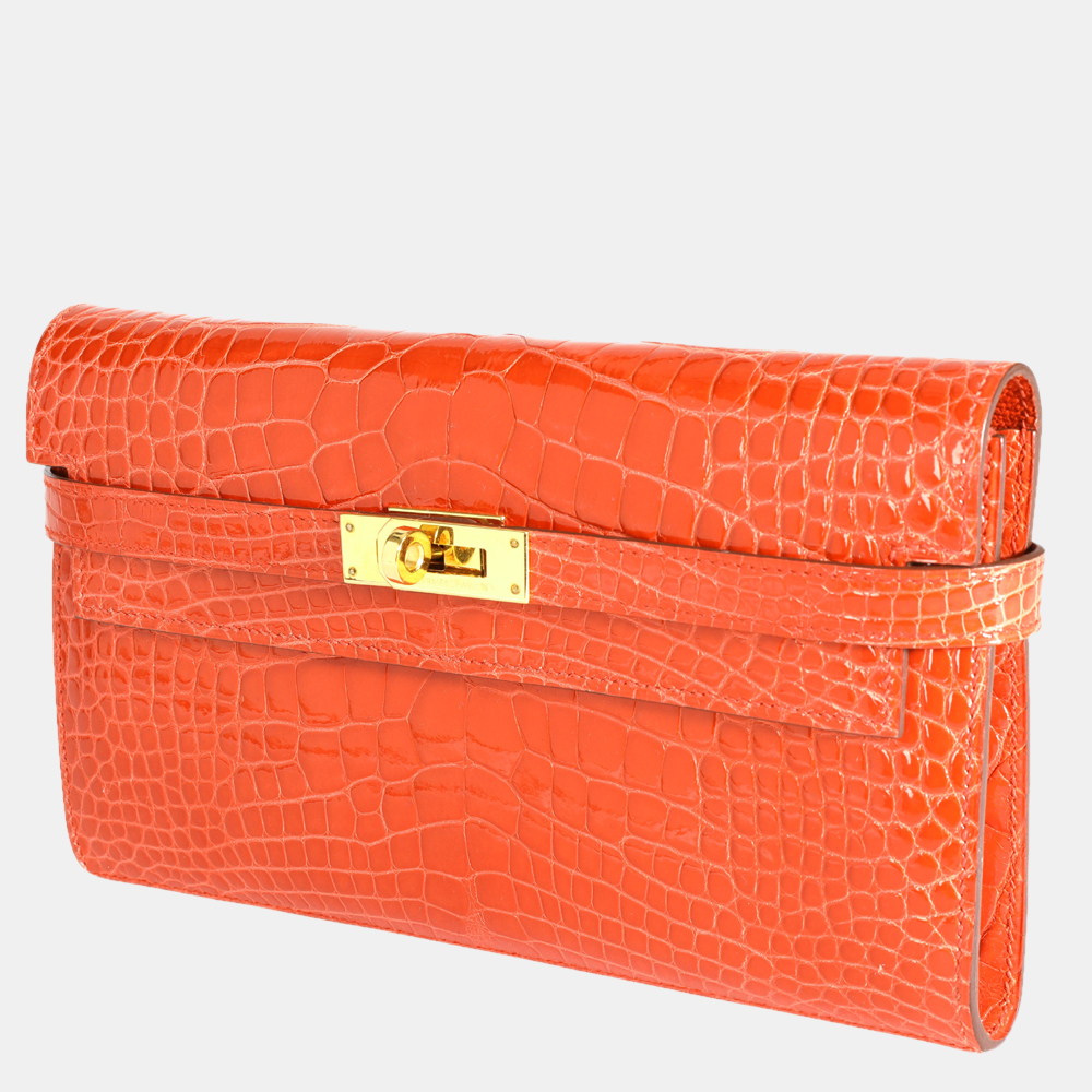 

Hermes Tangerine Shiny Alligator Classic Kelly Wallet GHW, Orange