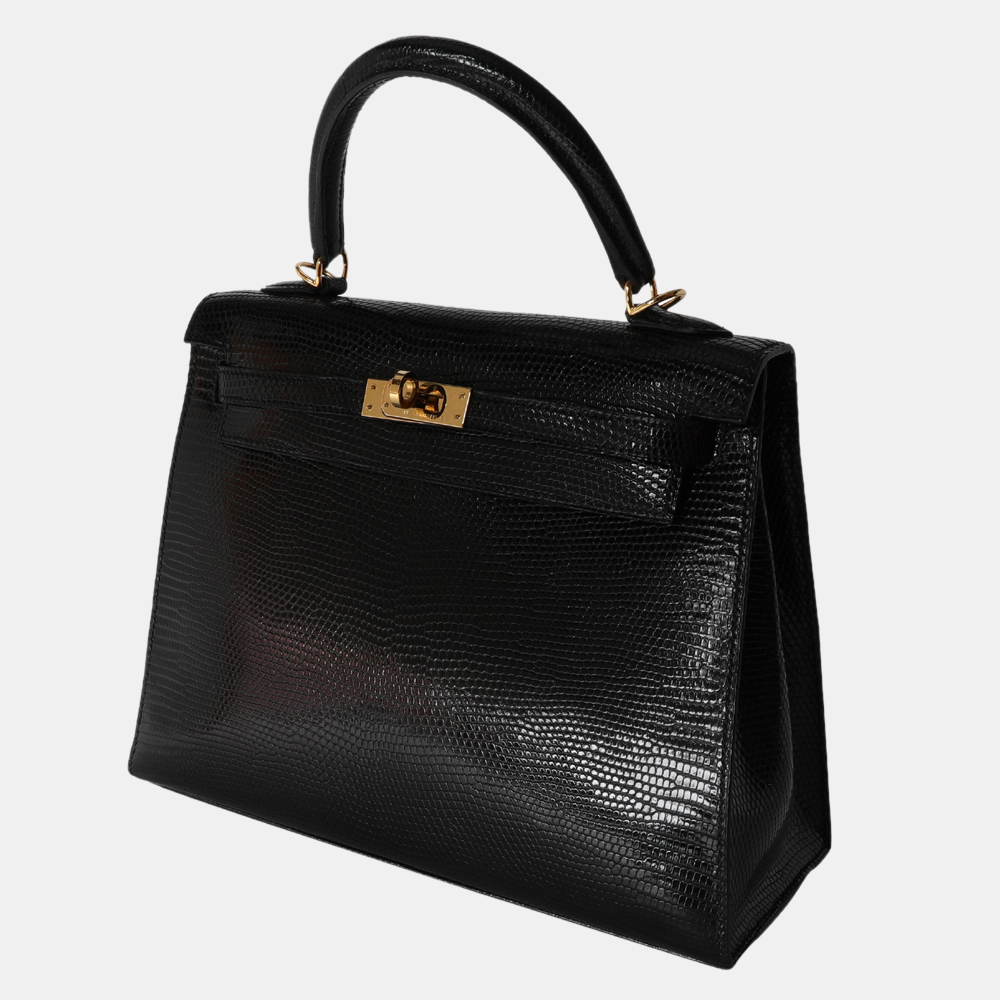 

Hermes Black Shiny Lizard Sellier Kelly 25 GHW