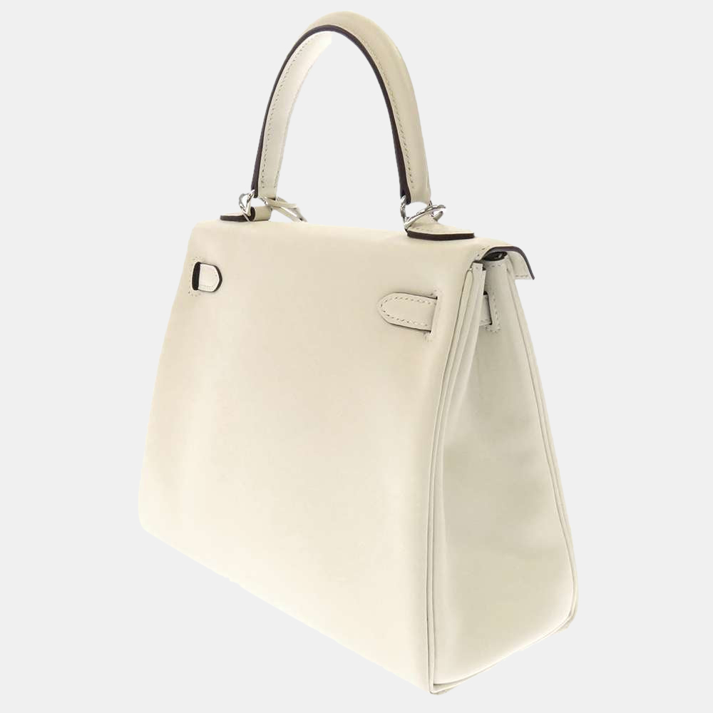 

Hermes White Swift Leather Palladium Hardware In And Out Kelly 25 Bag, Cream