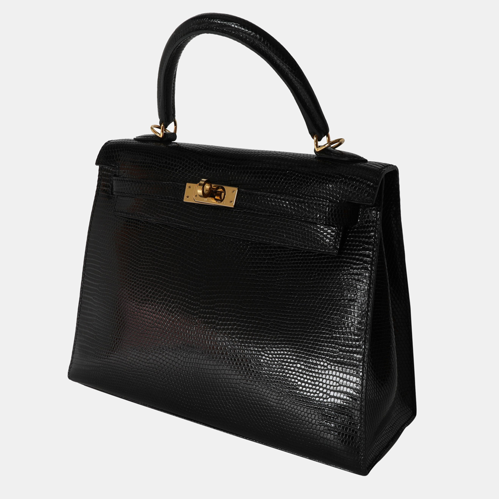 

Hermes Black Shiny Lizard Sellier Kelly 25 GHW