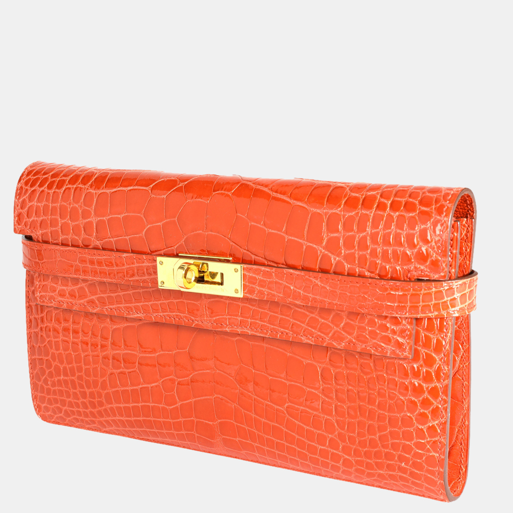 

Hermes Tangerine Shiny Alligator Classic Kelly Wallet GHW, Orange