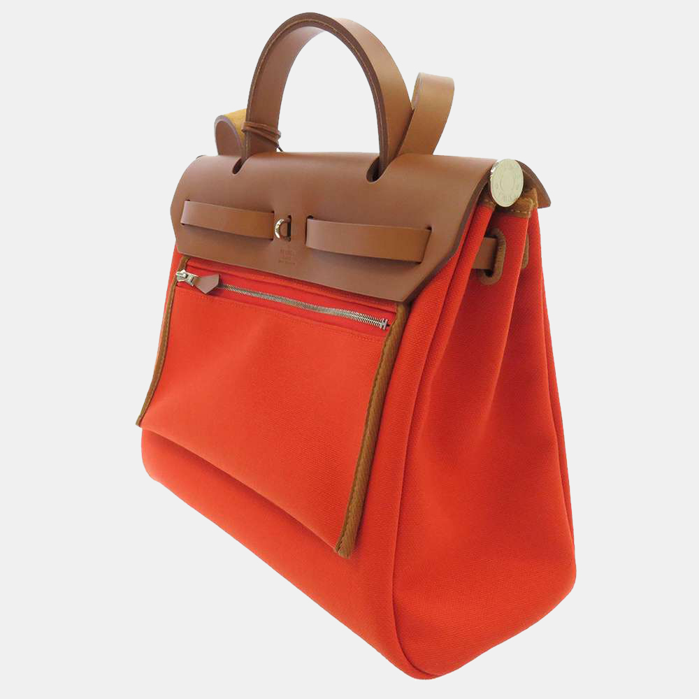 

Hermes Orange/Brown Toile Leather Canvas Herbag Zip 31 Shoulder Bag