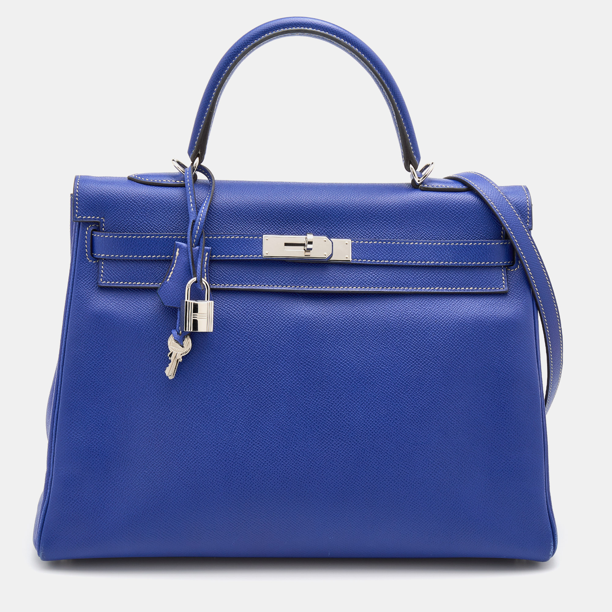 Pre-owned Hermes Bleu Electrique/mykonos Epsom Leather Palladium Finish Kelly Retourne 35 Bag In Blue