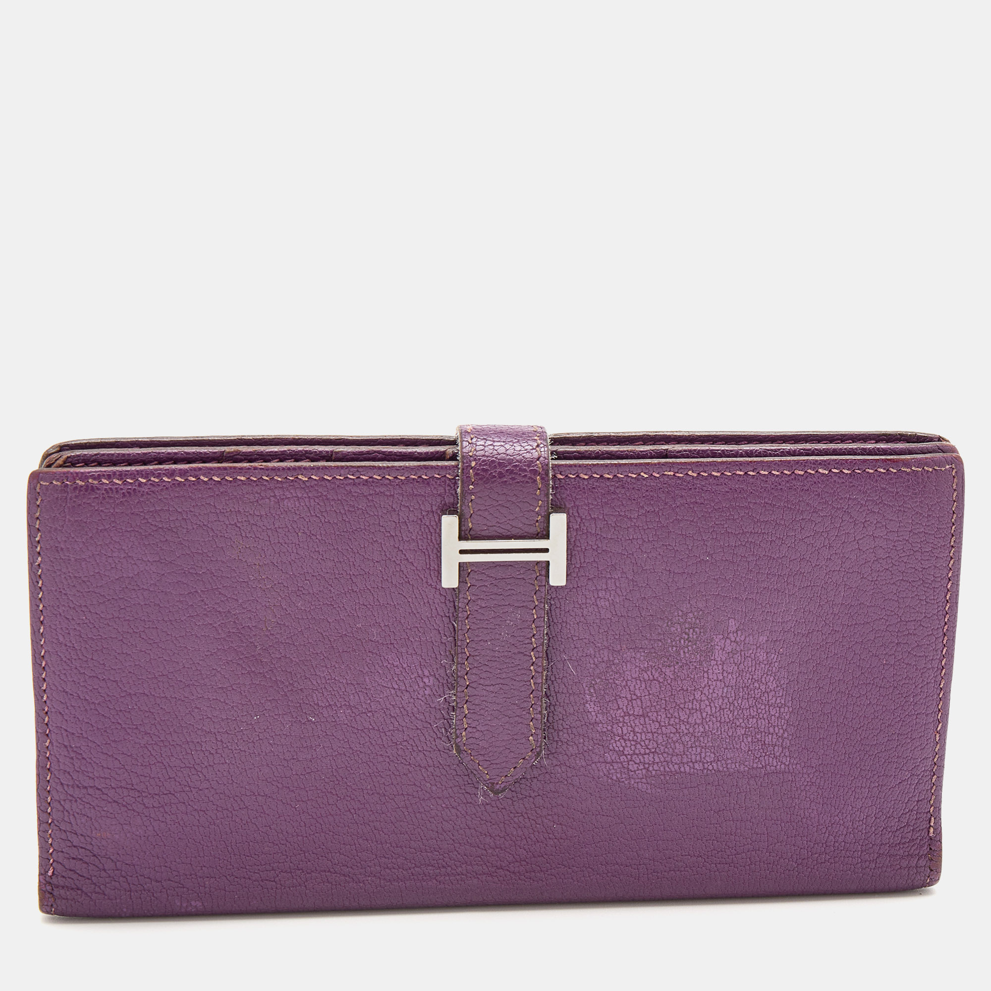 Pre-owned Hermes Hermès Cyclamen Chevre Mysore Leather Palladium Finish Bearn Wallet In Purple