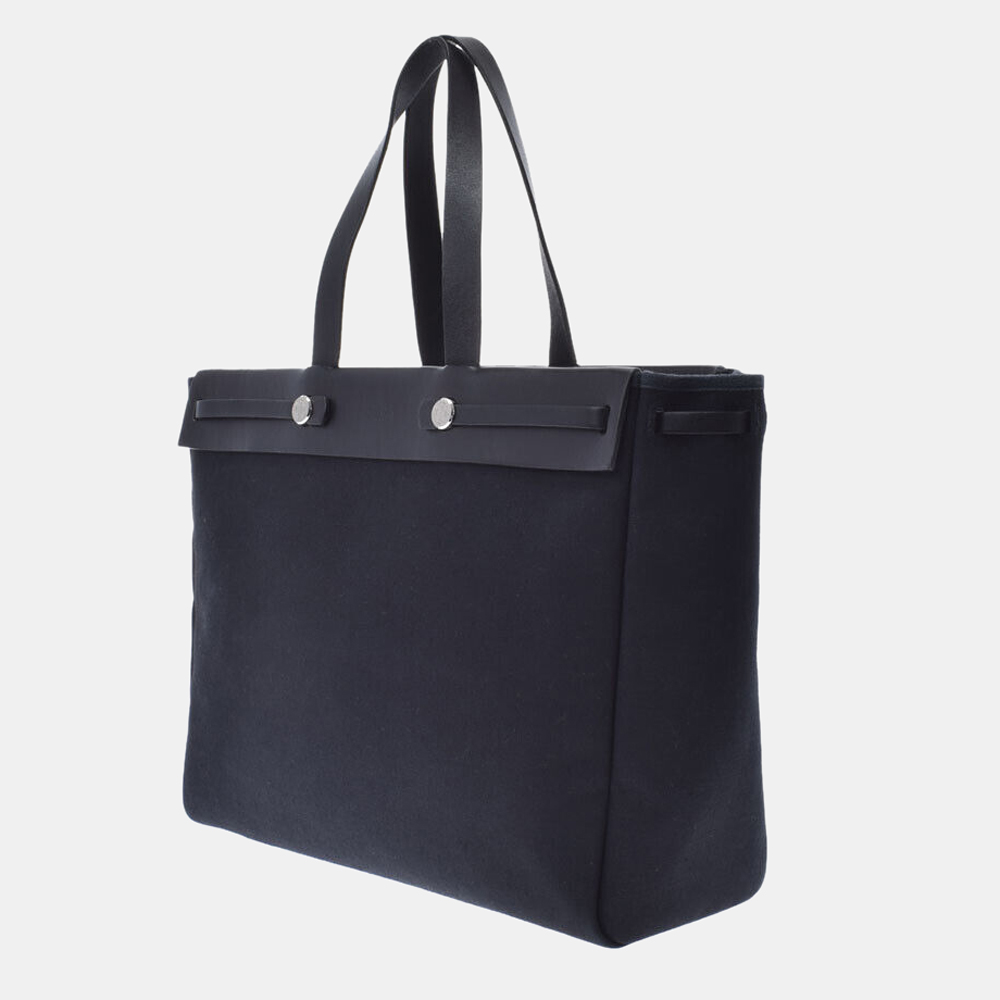 

Hermes Black Toile Canvas Leather Cabas Herbag GM Shoulder Bag