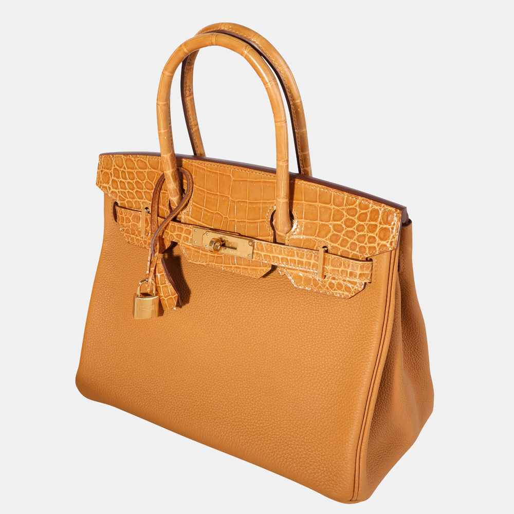 

Hermes Caramel Tabac Shiny Niloticus Crocodile & Togo Touch Birkin 30 GHW, Brown