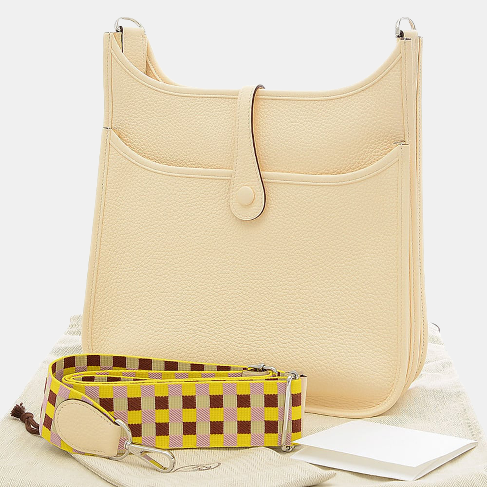 

Hermes Evelyn 3 PM Taurillon Nata Maxi Quadrille Silver Hardware Shoulder Bag, Beige