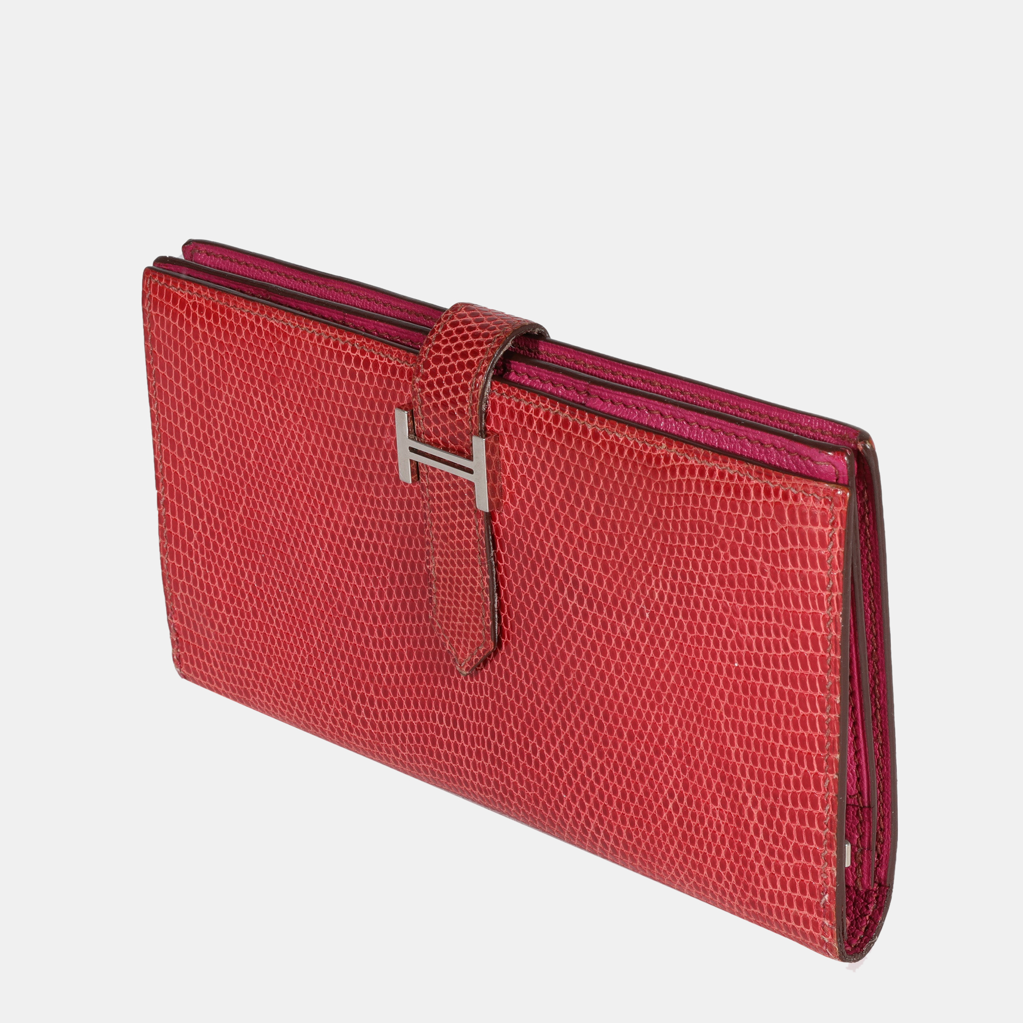 

Hermes Fuchsia Lizard Classic Bearn Wallet PHW, Red