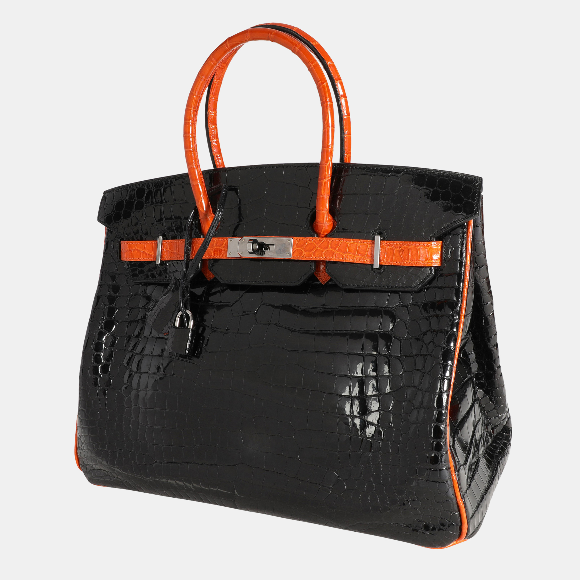 

Hermes Limited Edition Black & Orange Shiny Porosus Crocodile Birkin 35 PHW