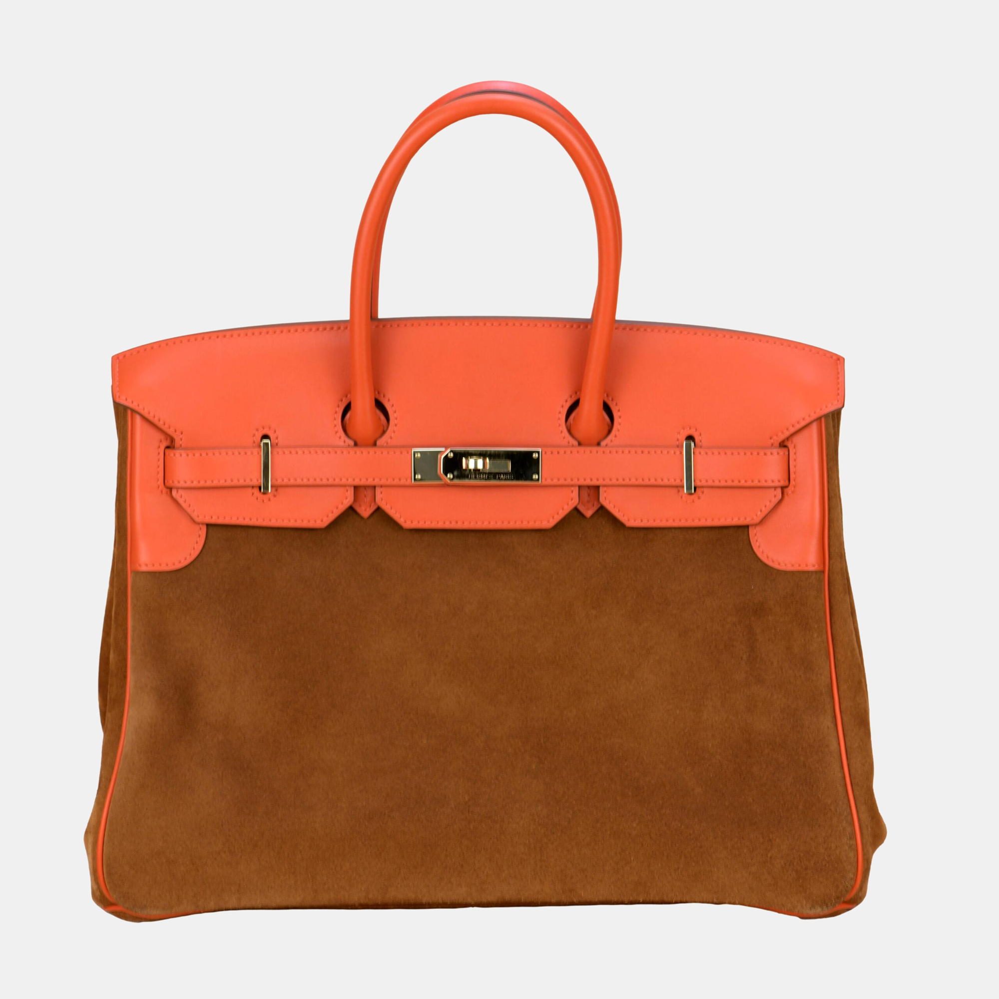 Pre-owned Hermes Birkin 35cm Chamois Grizzly And Capucine Swift With Permabrass Hardware In Orange