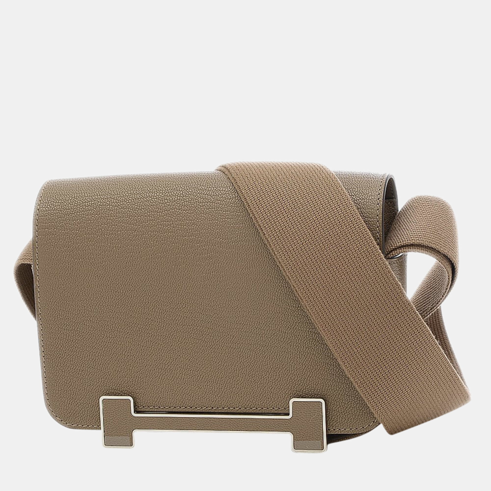 Preowned Hermes Geta Shoulder Bag Chevre Etoupe Silver Metal Fittings