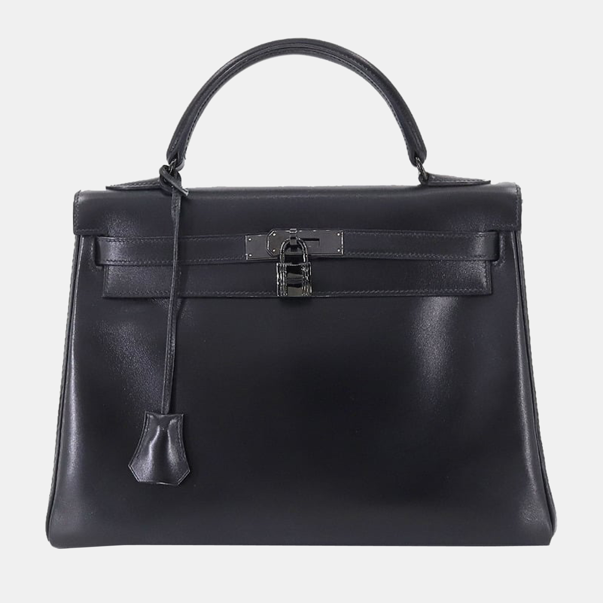 Pre-owned Hermes Kelly 32 Hand Bag Box Calf So Black N Stamped Inner Seam Metal Fittings