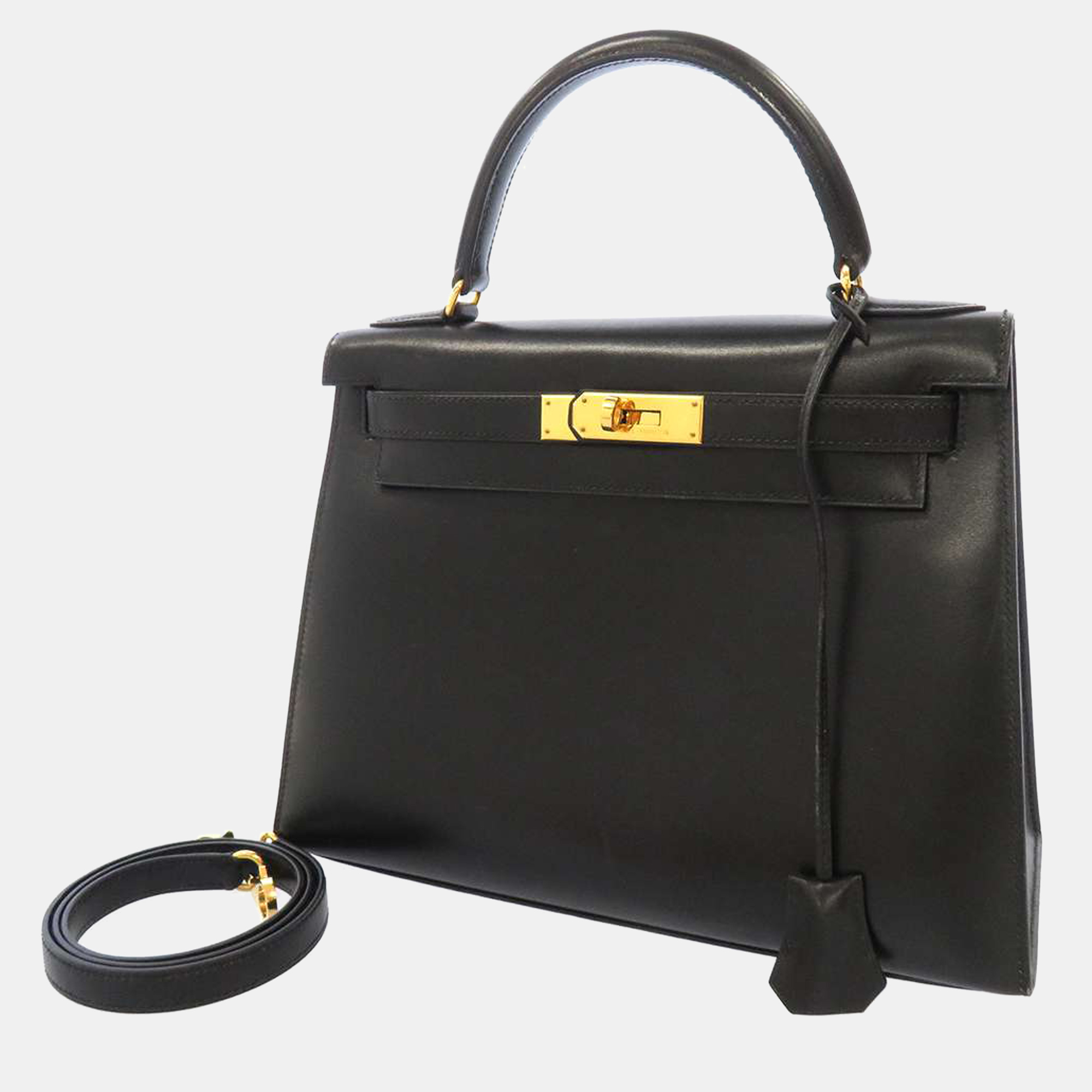 Pre Owned Hermes Black Box Calf Leather Gold Hardware Kelly Sellier 28 Bag 