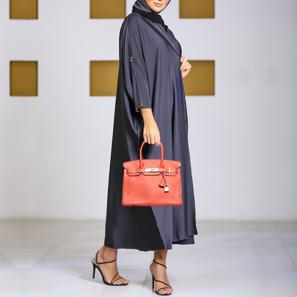 

Hermes Rose Jaipur Clemence Leather Palladium Finish Birkin 30 Bag, Orange
