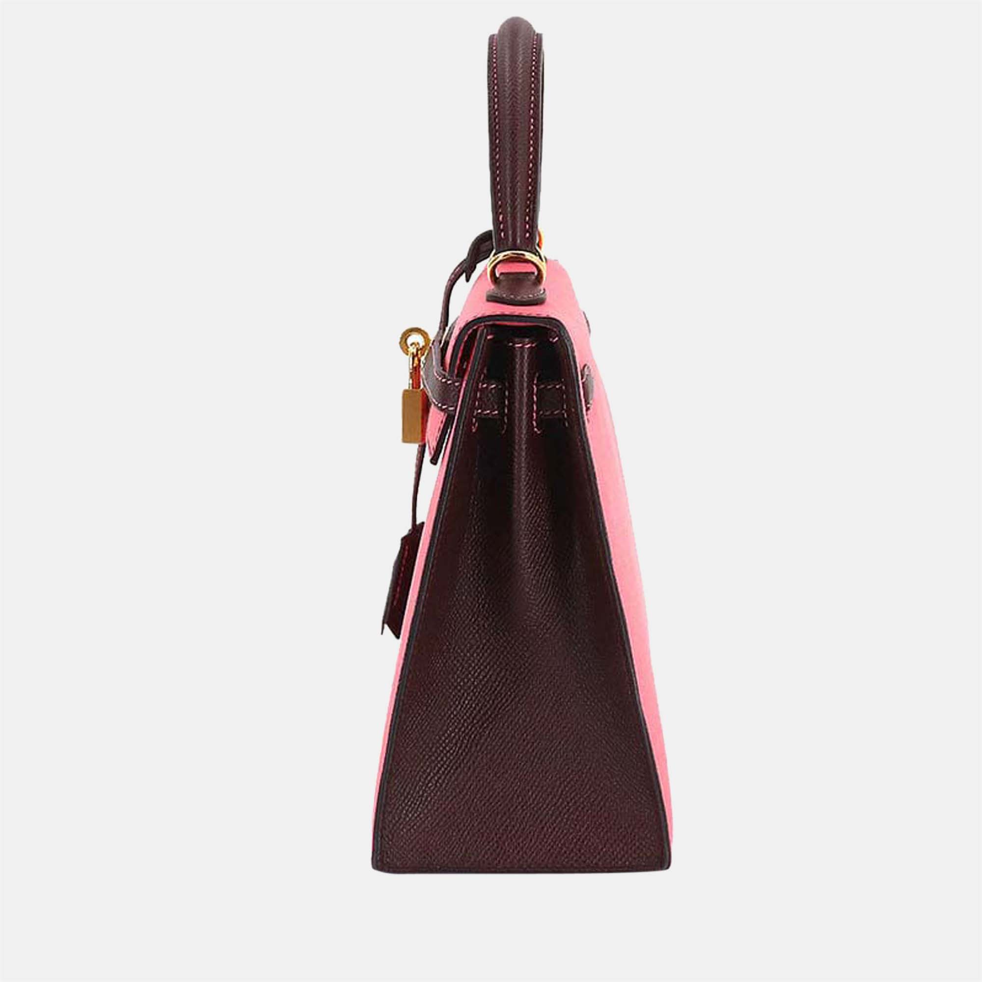 

Hermes Kelly 25 Personal SPO 2way Hand Shoulder Bag Epson Rose Azare Bordeaux D Engraved Outside Stitch, Pink