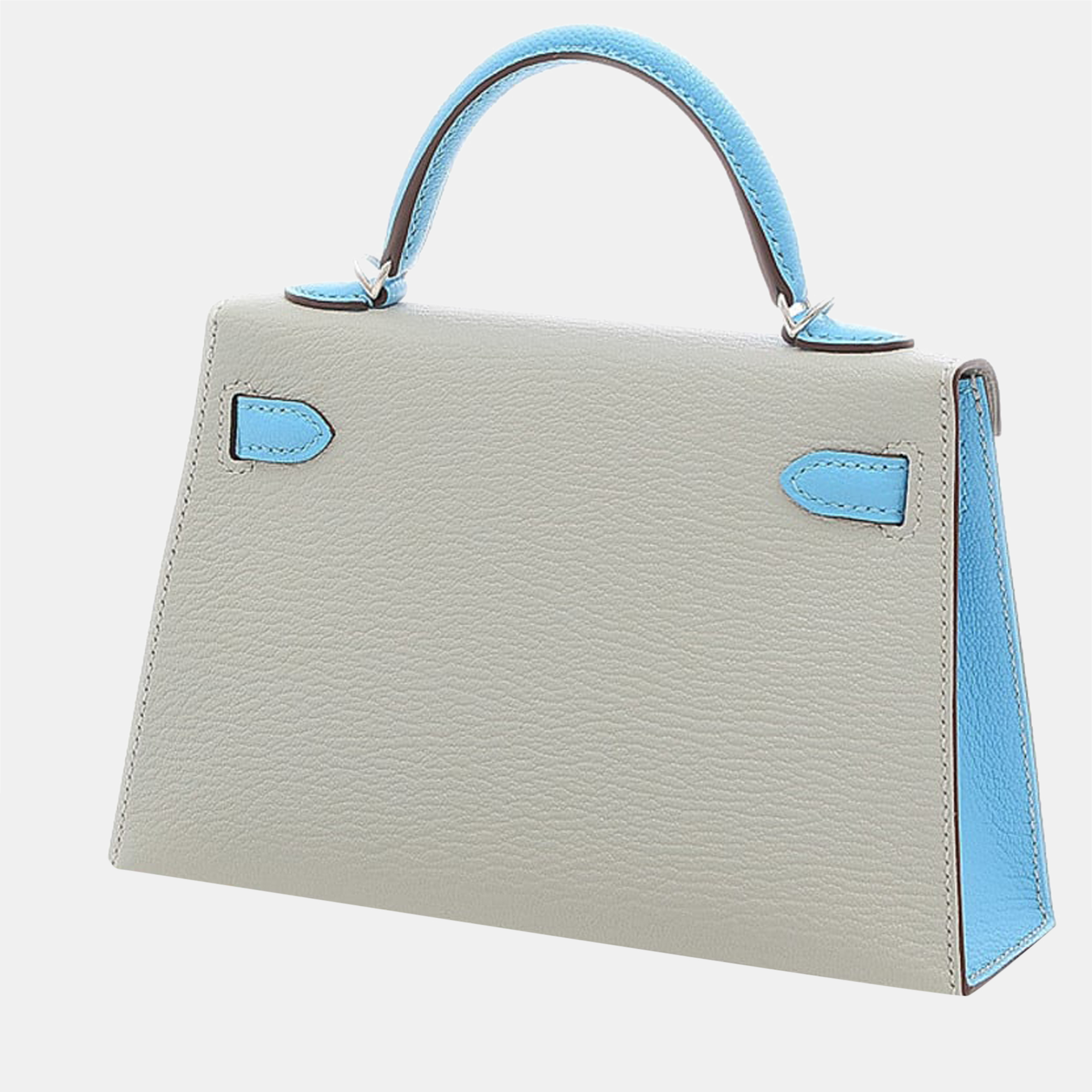 

Hermes Kelly Mini De Chevre Pearl Gray/Celeste Handbag Silver Hardware Z Engraved Personal, Blue
