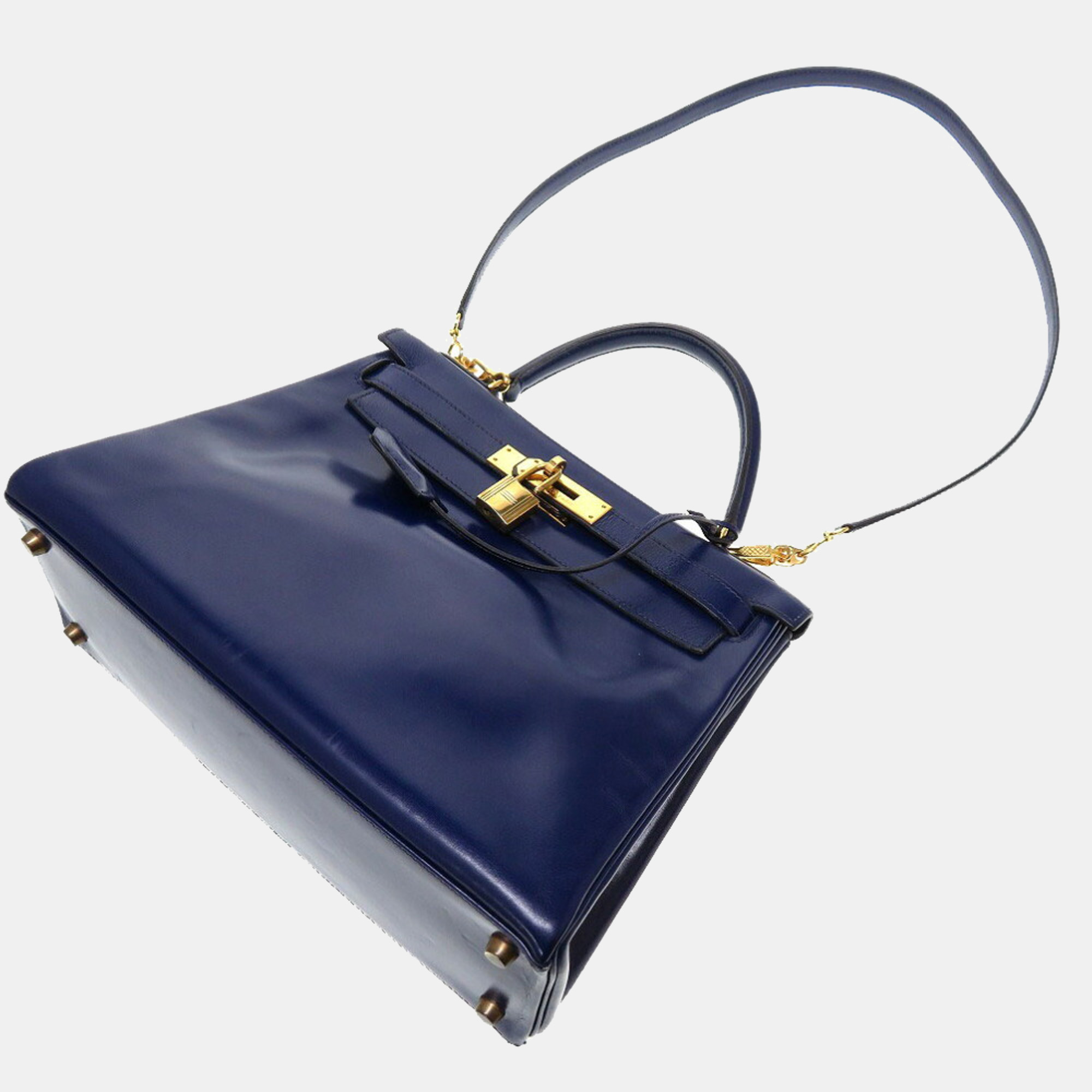 

Hermes Kelly 28 Inner Stitch Box Calf Blue Roy T Engraved Handbag