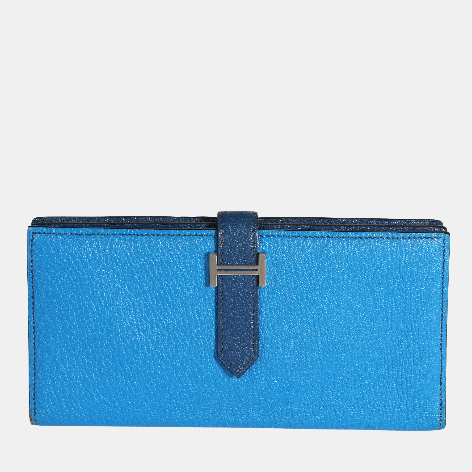 Pre-owned Hermes Bleu Izmir & Bleu Saphir Chévre Leather Bearn Wallet Phw In Blue