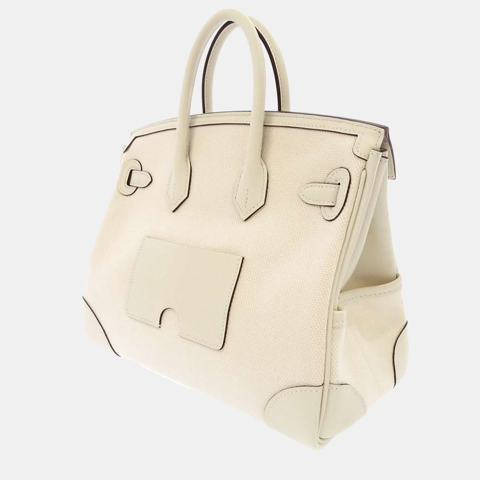 

Hermes White Toile Swift Leather Palladium Hardware Cargo Birkin 25 Bag