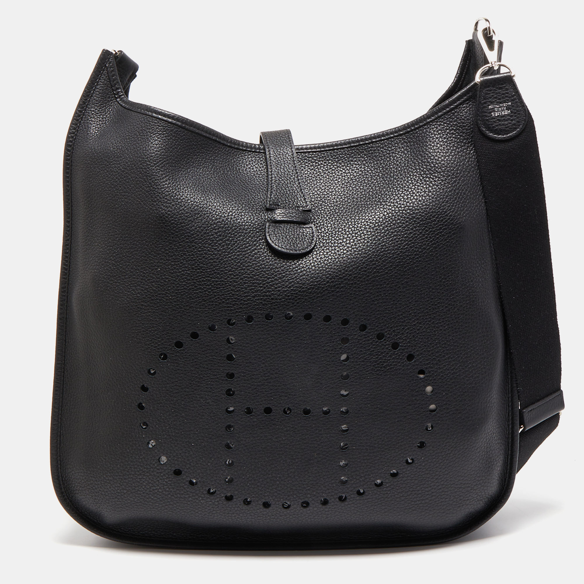 Pre Owned Hermes Black Taurillon Clemence Leather Evelyne III TGM Bag