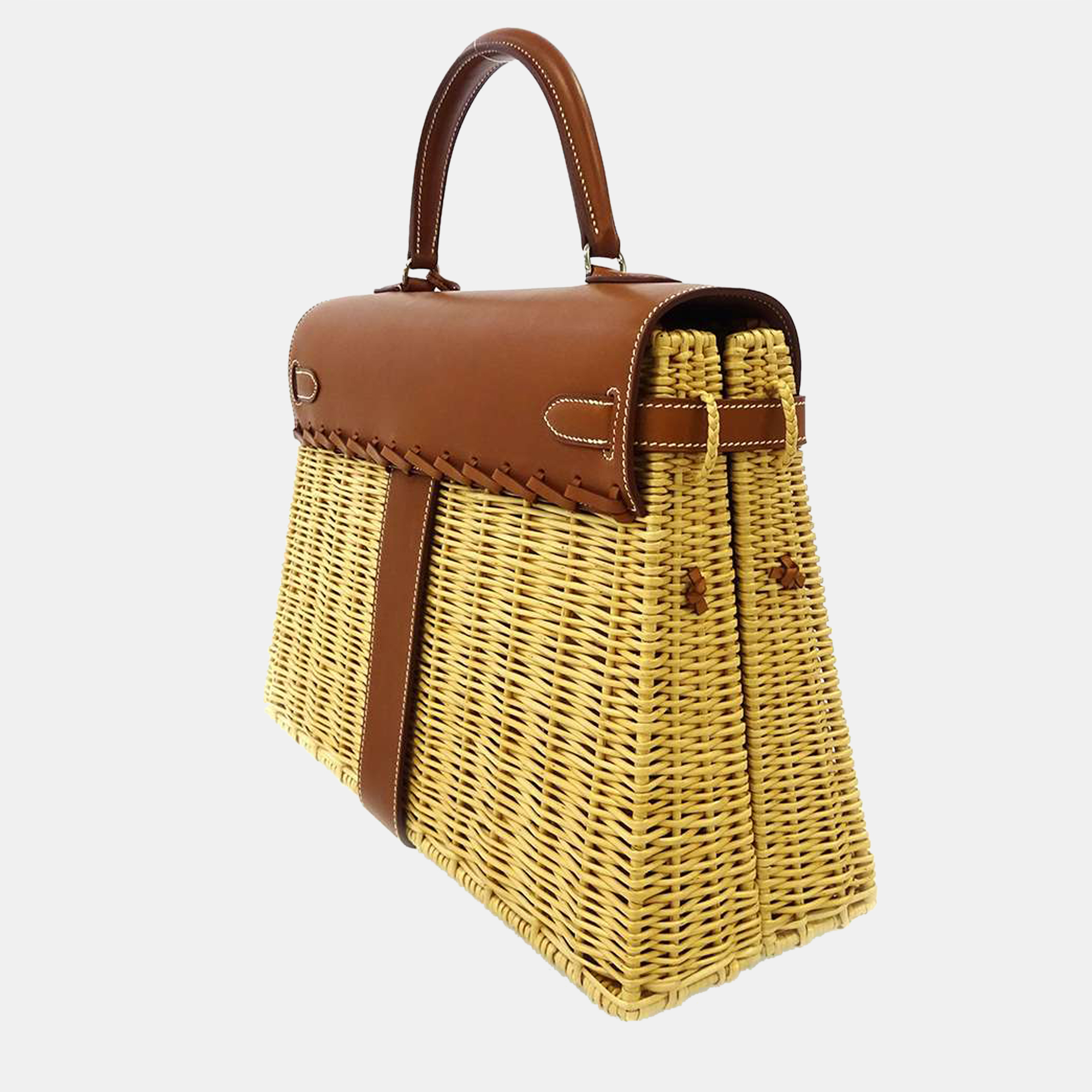 

Hermes Brown Leather Palladium Hardware Limited Edition Barenia Wicker Picnic Kelly 35 Bag
