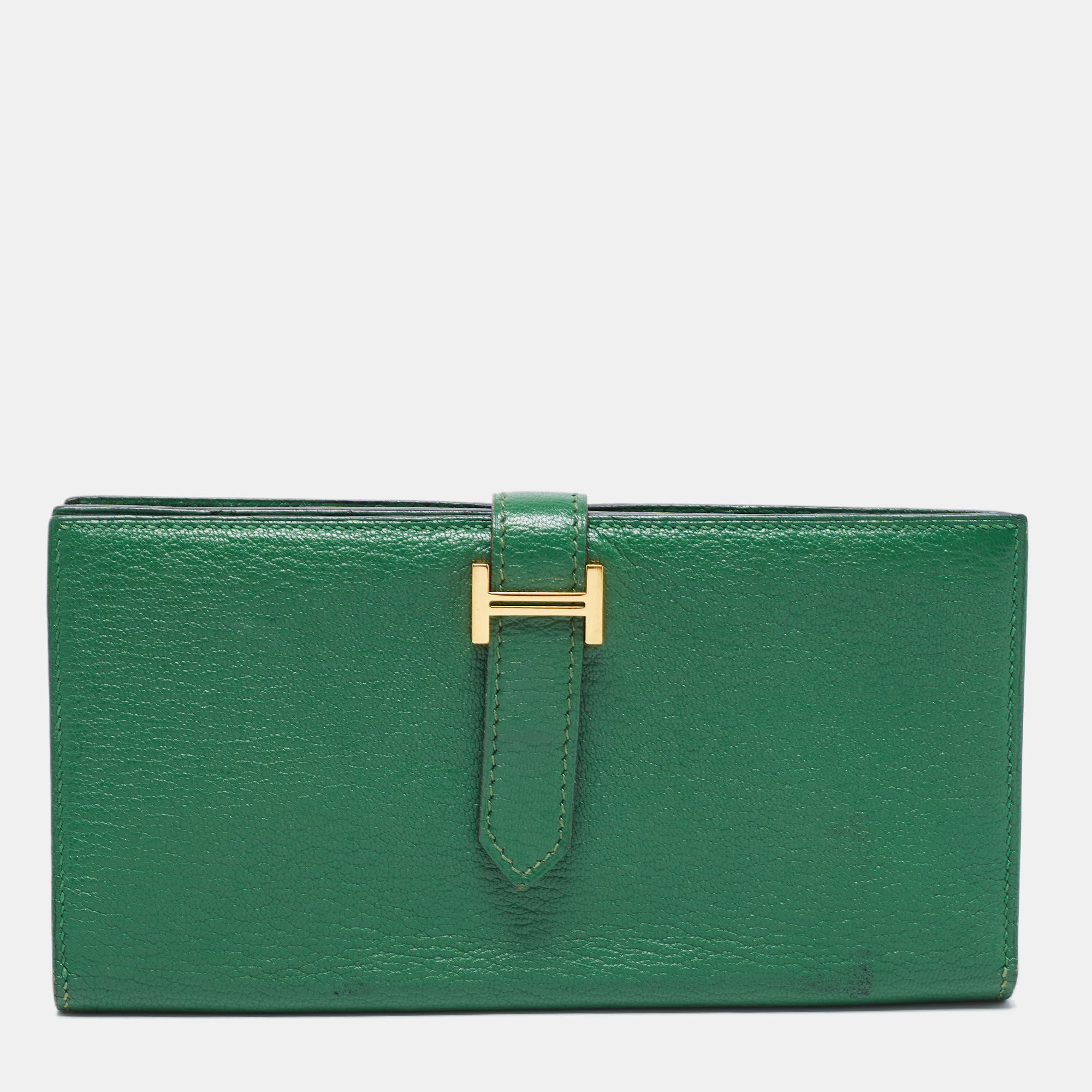 Pre-owned Hermes Hermés Vert Bengal Chevre Leather Bearn Gusset Wallet In Green
