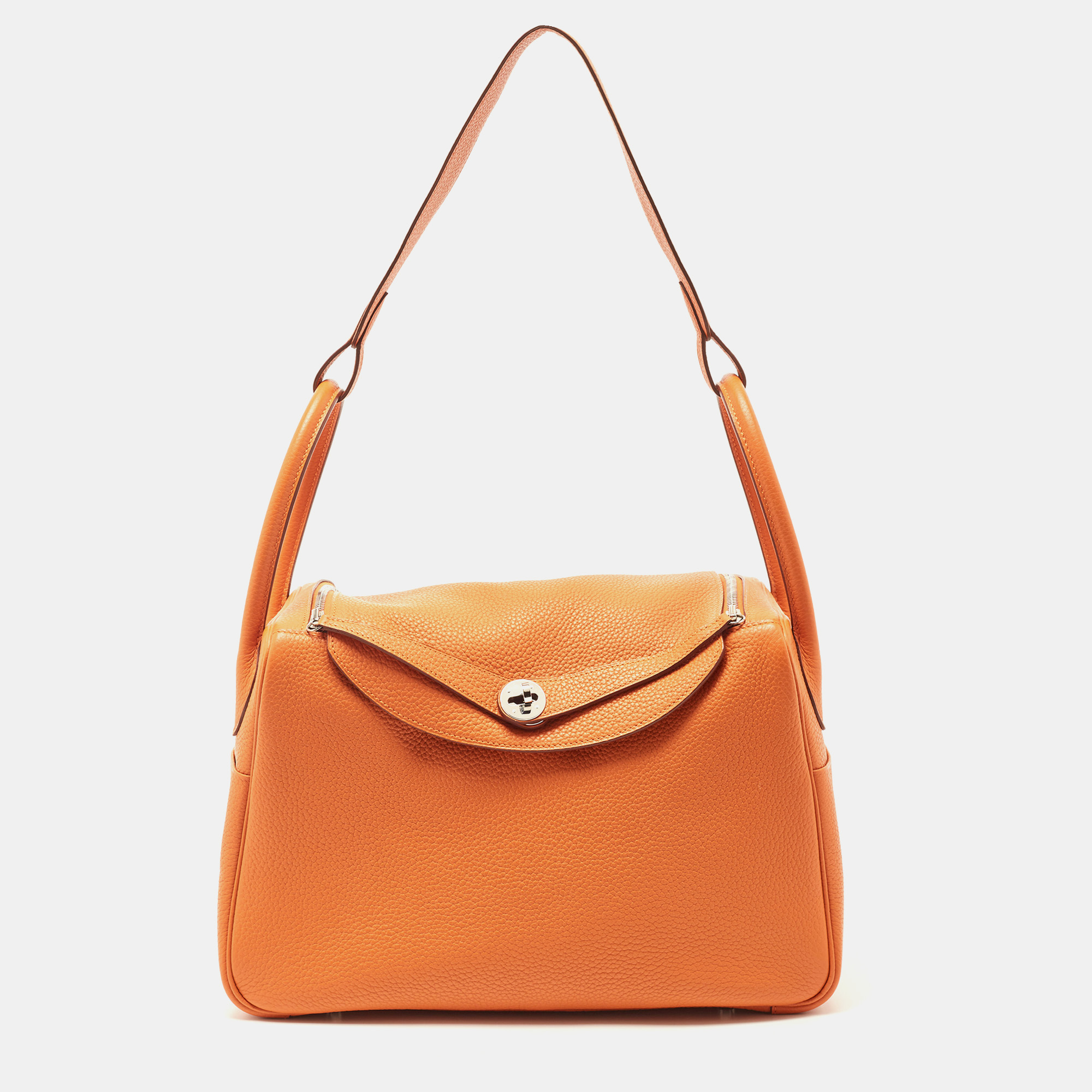 Pre-owned Hermes Hermès Orange Togo Leather Palladium Finish Lindy 34 Bag