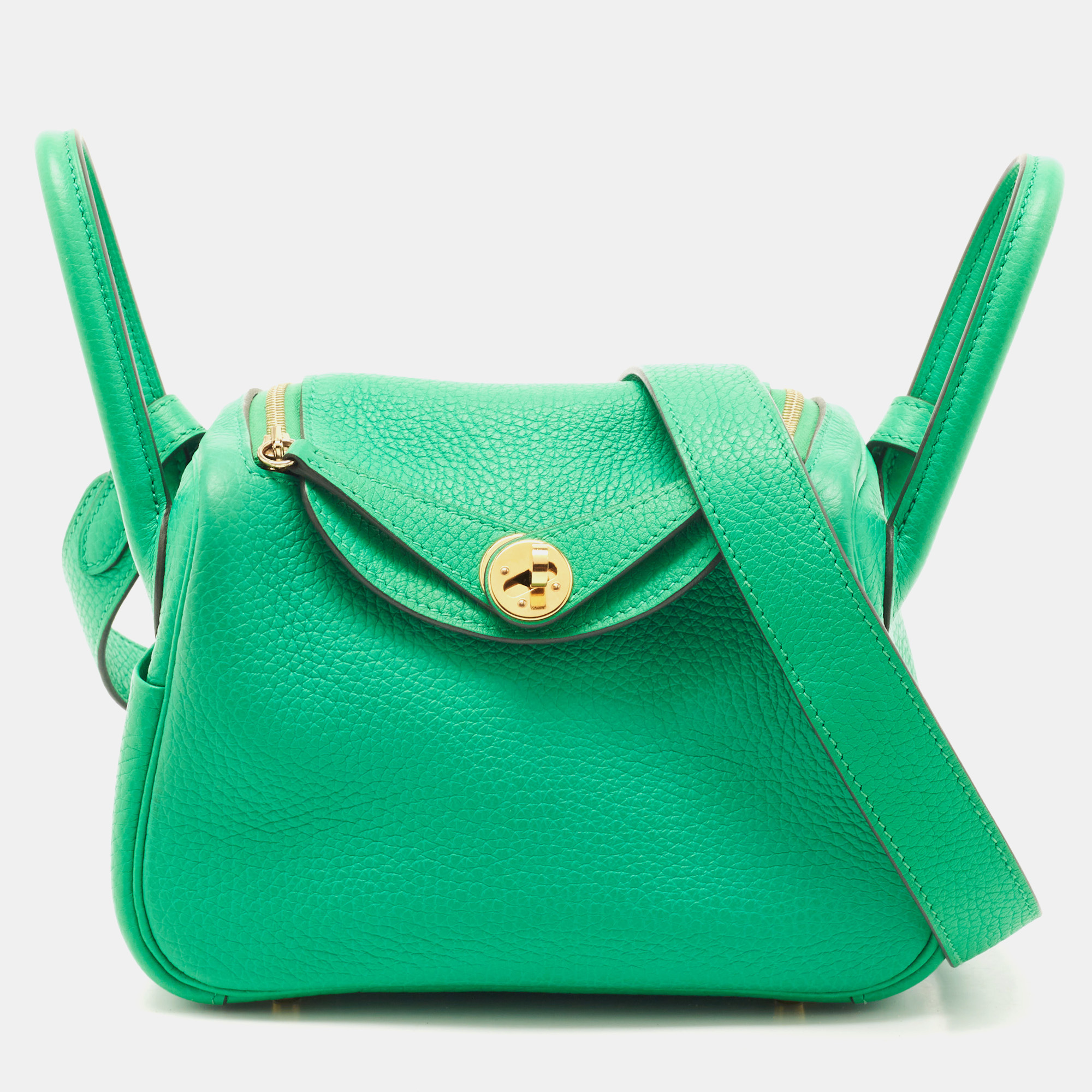 Pre Owned Hermes Menthe Taurillon Clemence Leather Gold Finish Lindy 20 Bag