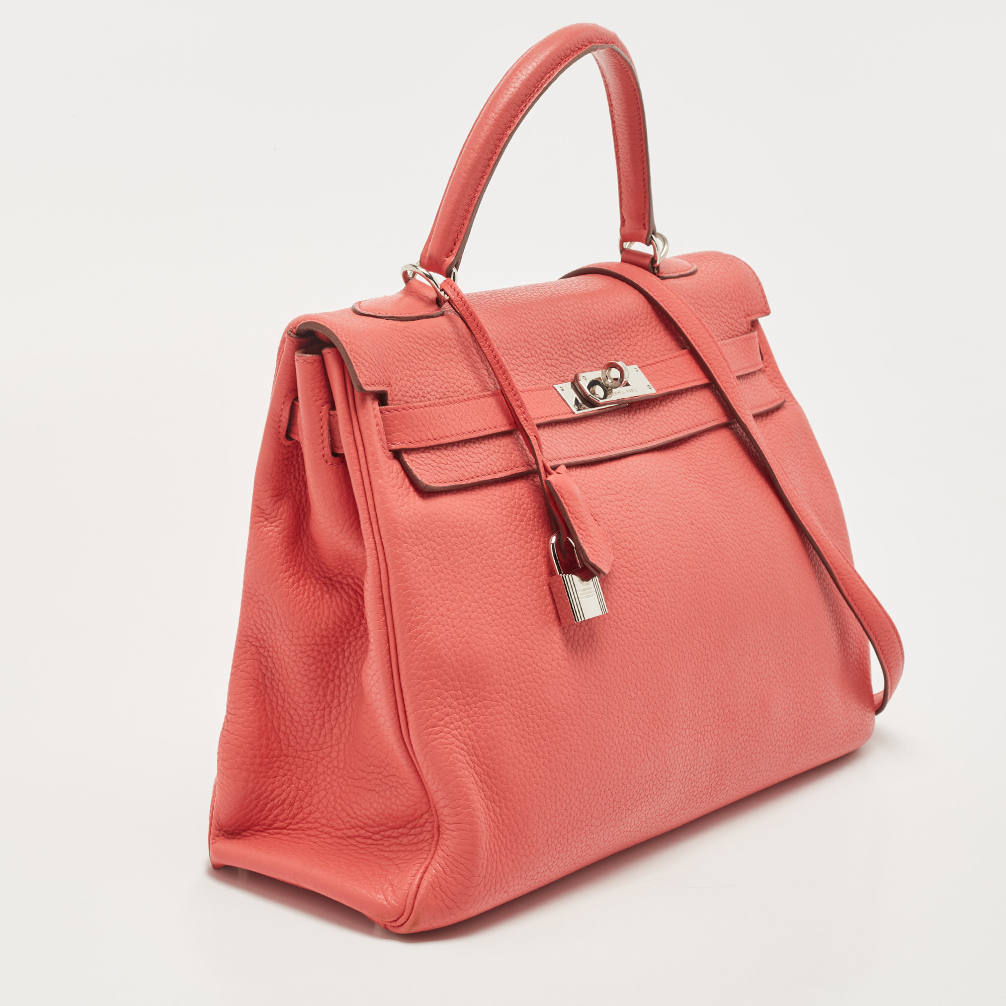 Hermès Rose Jaipur Taurillion Clemence Leather Palladium Finish Kelly Retourne 35 Bag