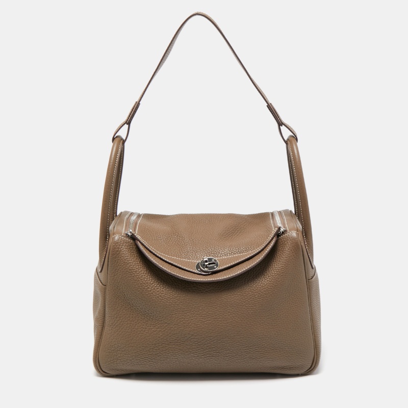 Pre Owned Hermes Etoupe Taurillon Clemence Leather Palladium Finish Lindy 30 Bag