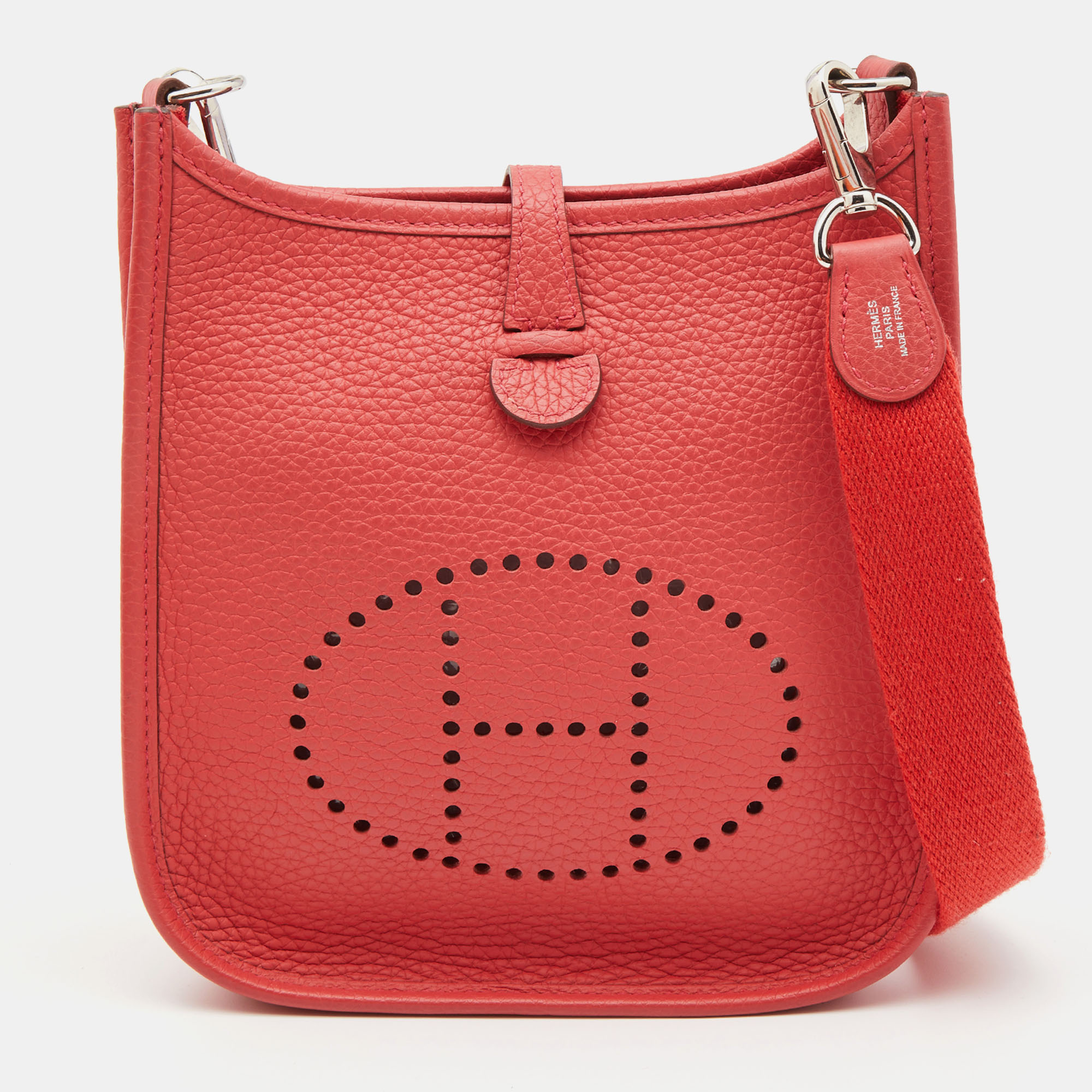 

Hermes Rouge Pivoine Taurillon Clemence Leather Evelyne TPM Bag, Red