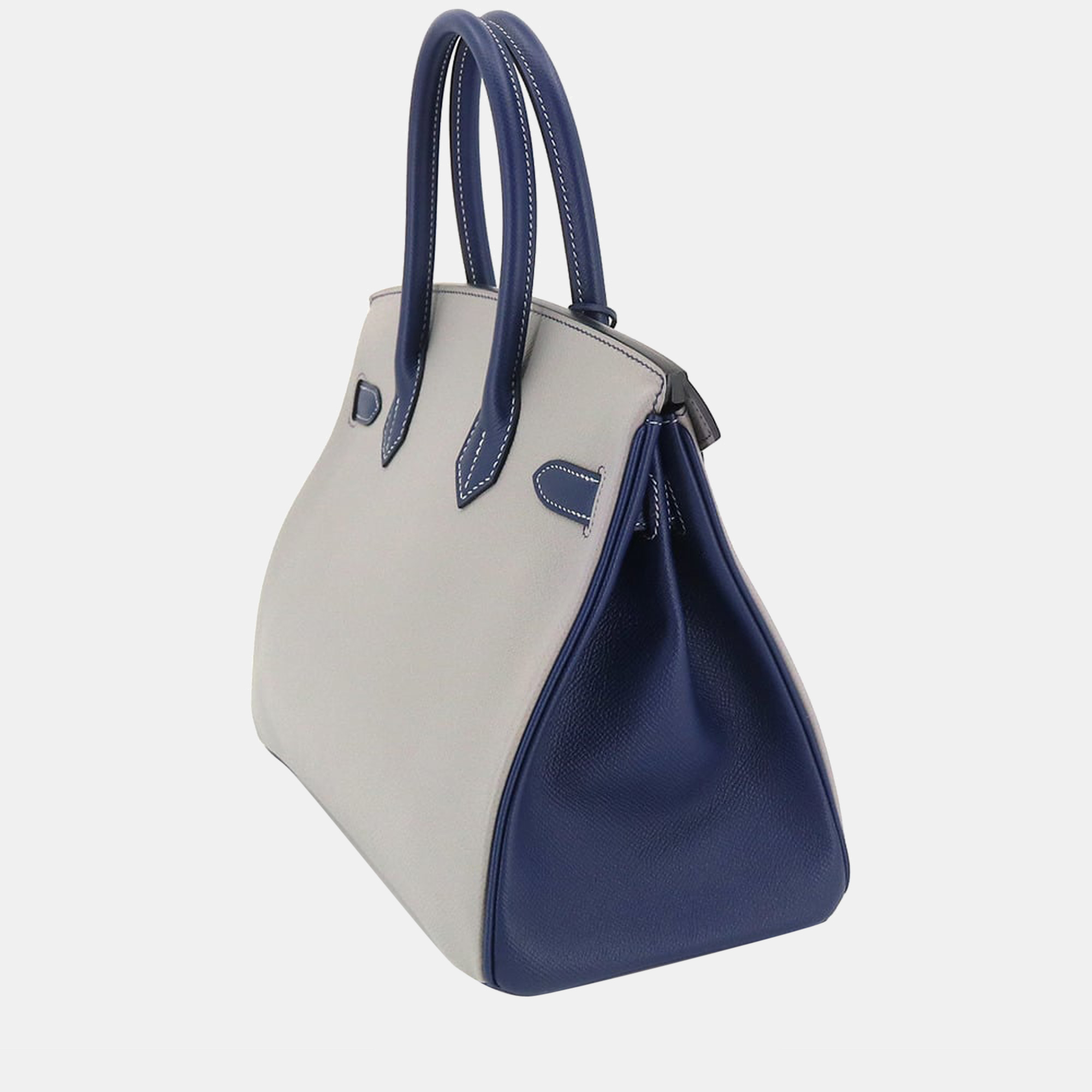 

Hermes Birkin 30 Personal SPO Handbag Epson Grimmette Blue Saphir A Engraved Matte Gold Metal Fittings, Grey