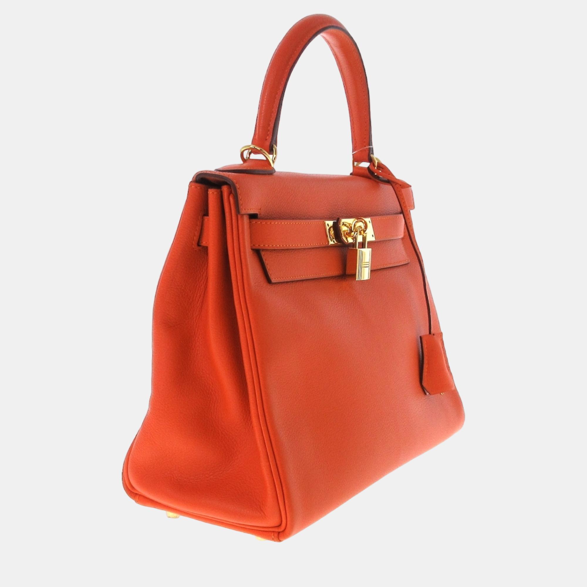 

Hermes Orange Evercolor Leather Kelly 28 Tote Bag