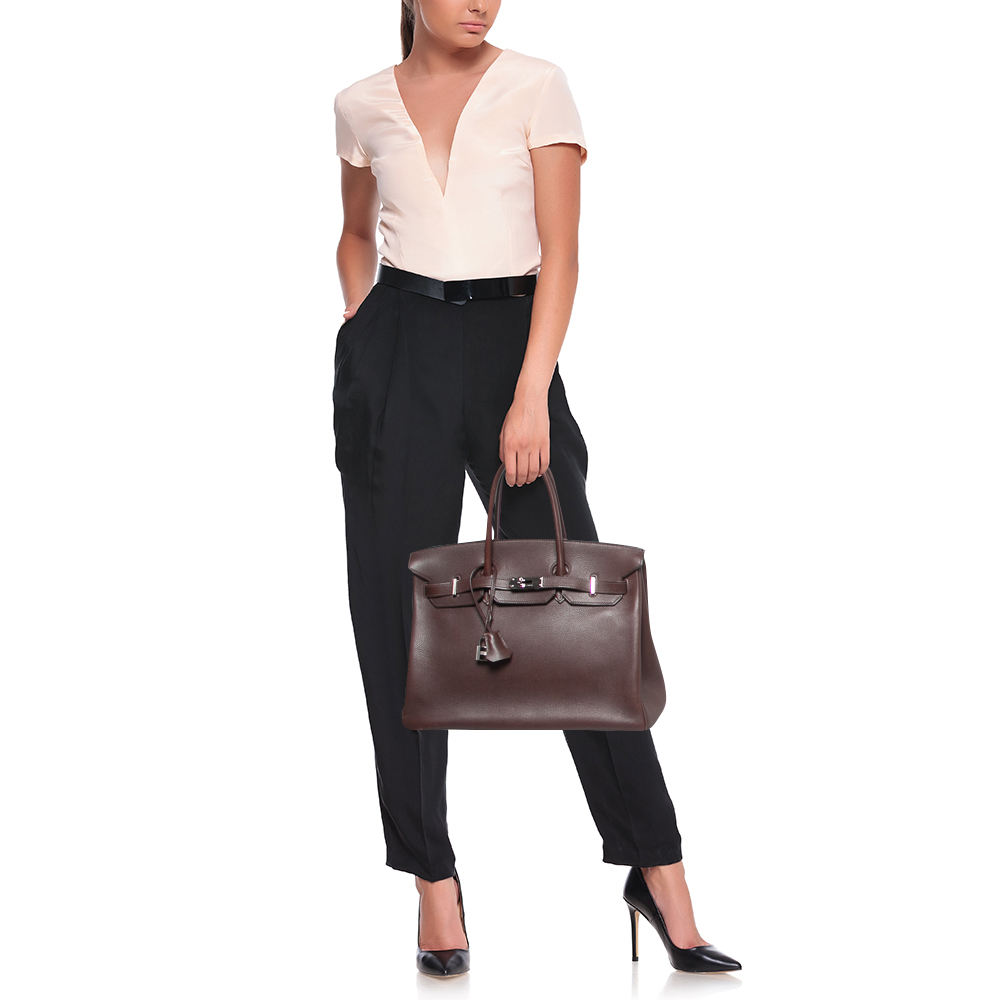 

Hermes Havane Evercolor Leather Palladium Finish Birkin 35 Bag, Brown