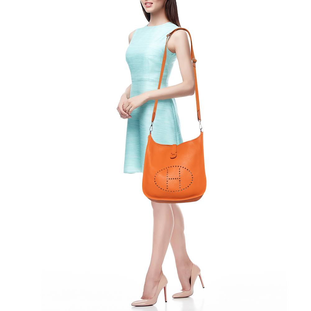 

Hermes Orange Taurillion Clemence Leather Evelyne I GM Bag
