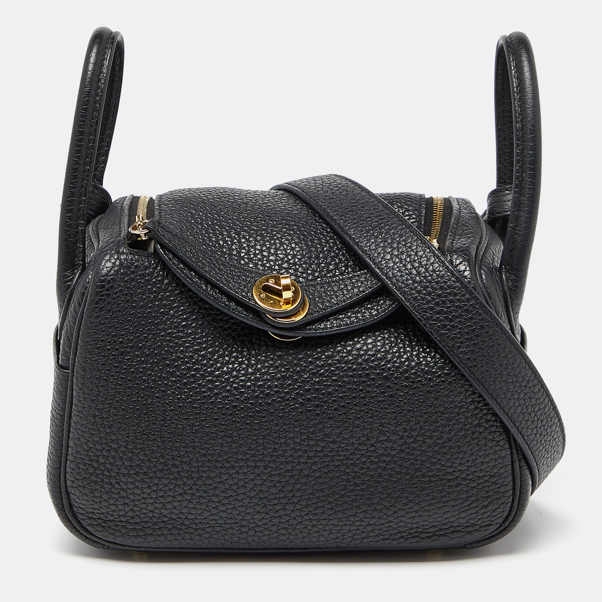 Pre-owned Hermes Hermès Black Taurillon Clemence Leather Gold Finish Mini Lindy Bag
