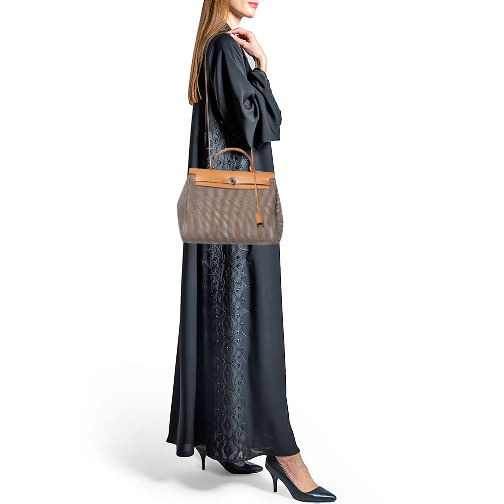 

Hermès Black/Natural/Ecru Toile Viking and Vache Hunter Leather Herbag 31 Bag, Brown