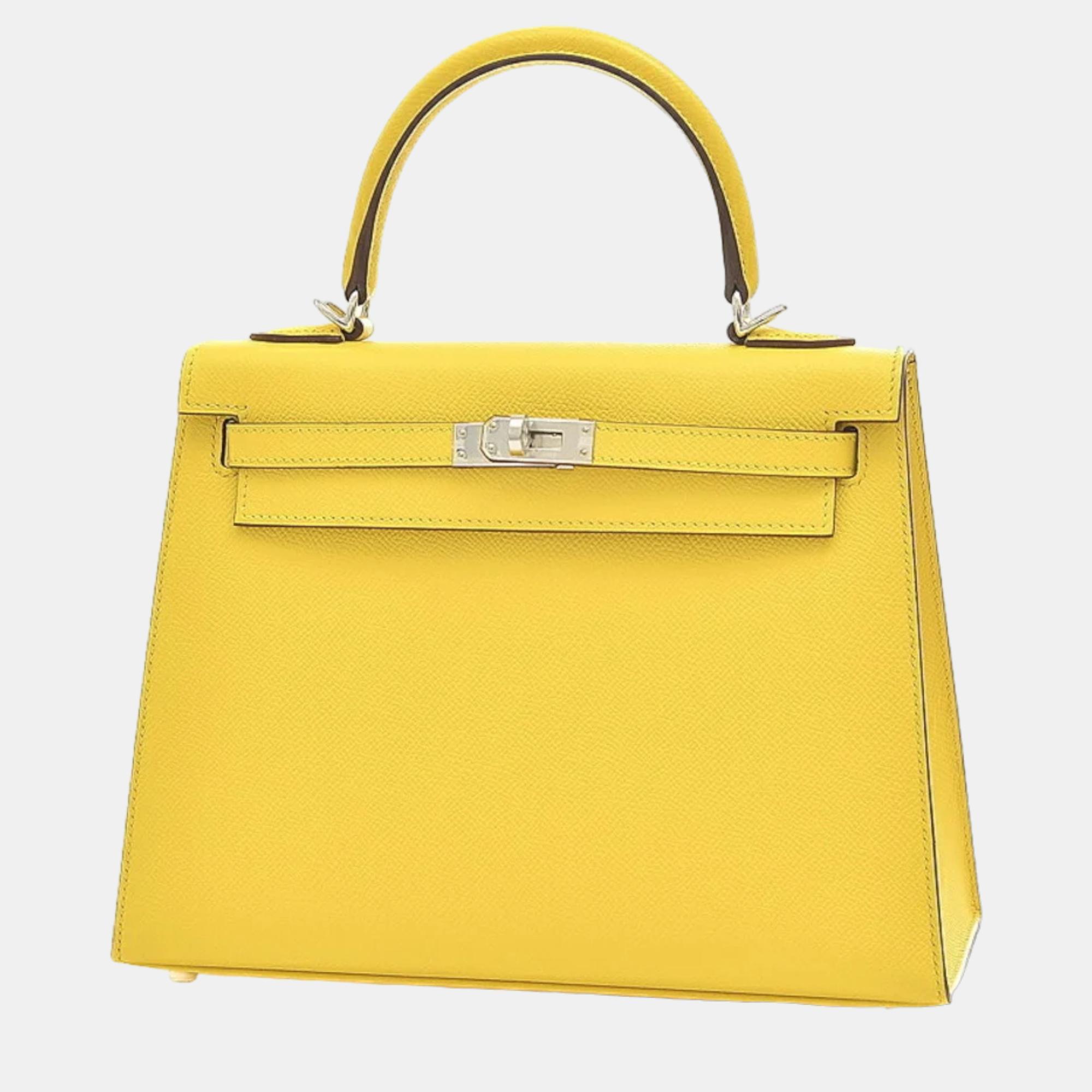 Pre-owned Hermes Kelly 25 Outside Stitching Epson Jaune Naple Silver Hardware U Engraved In Yellow