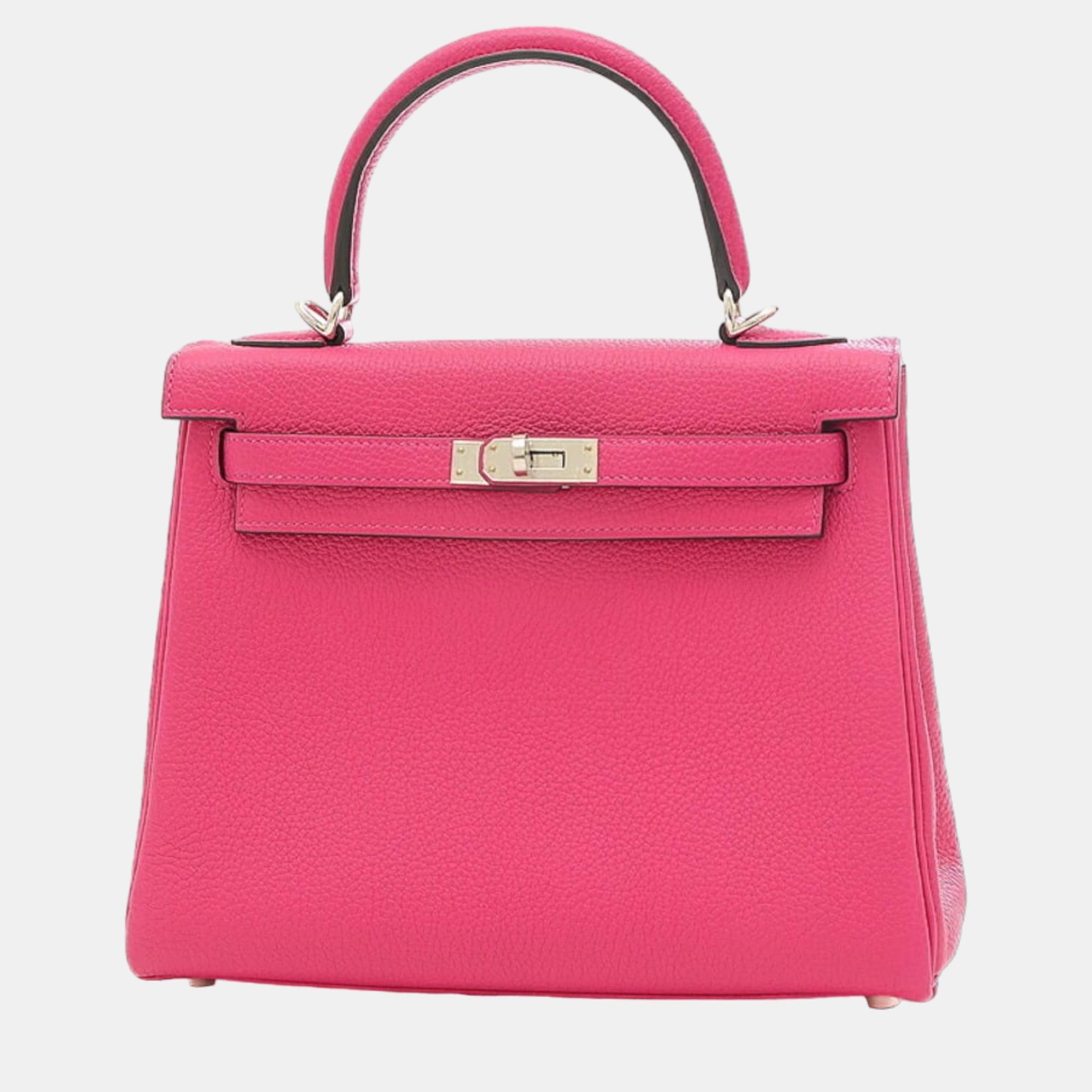 Pre-owned Hermes Kelly 25 Inner Sewing Togo Handbag Framboise Silver Hardware U Engraved In Pink