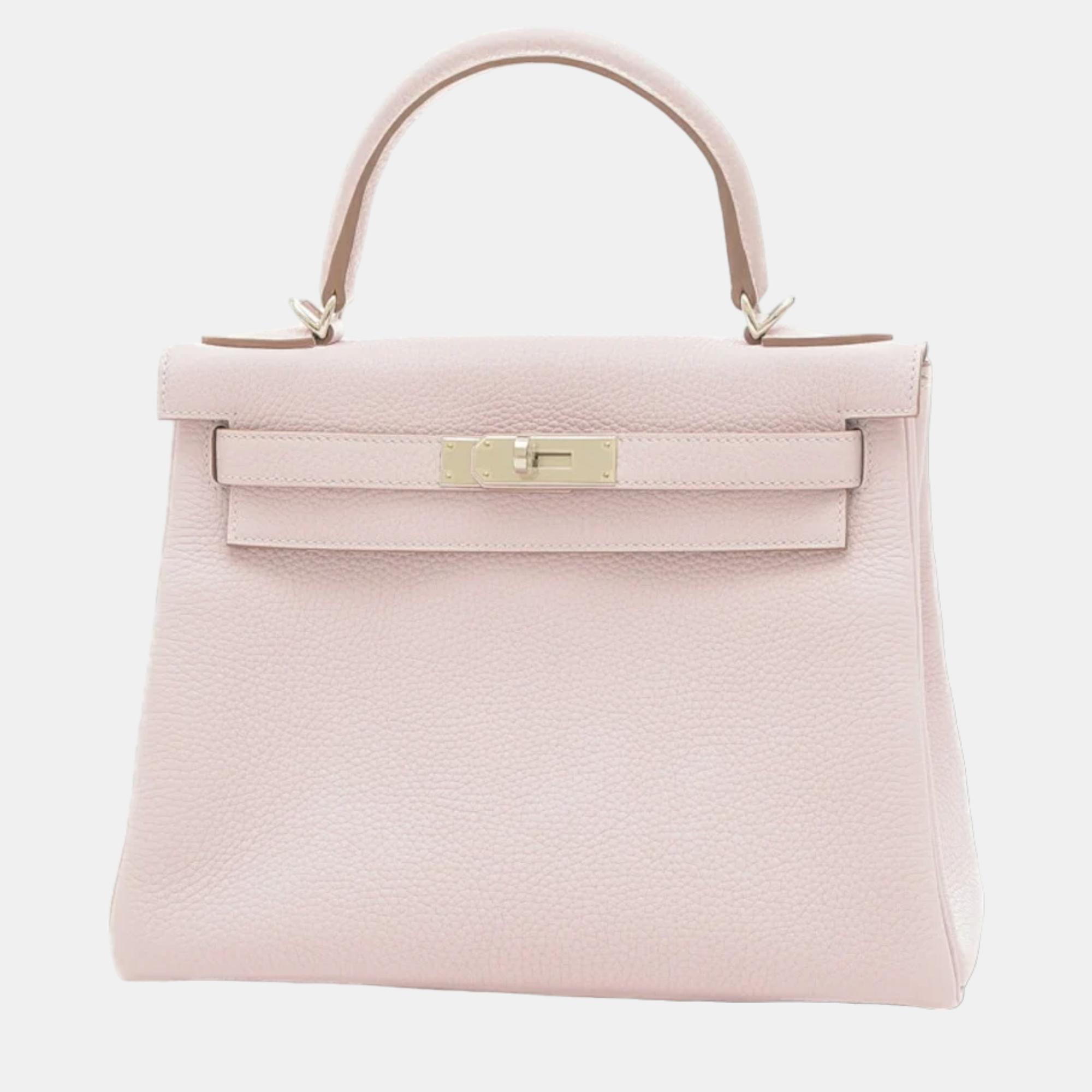 

Hermes Kelly 28 Inner Sewing Taurillon Clemence Handbag Mauve Pale Silver Hardware B Engraved, Pink