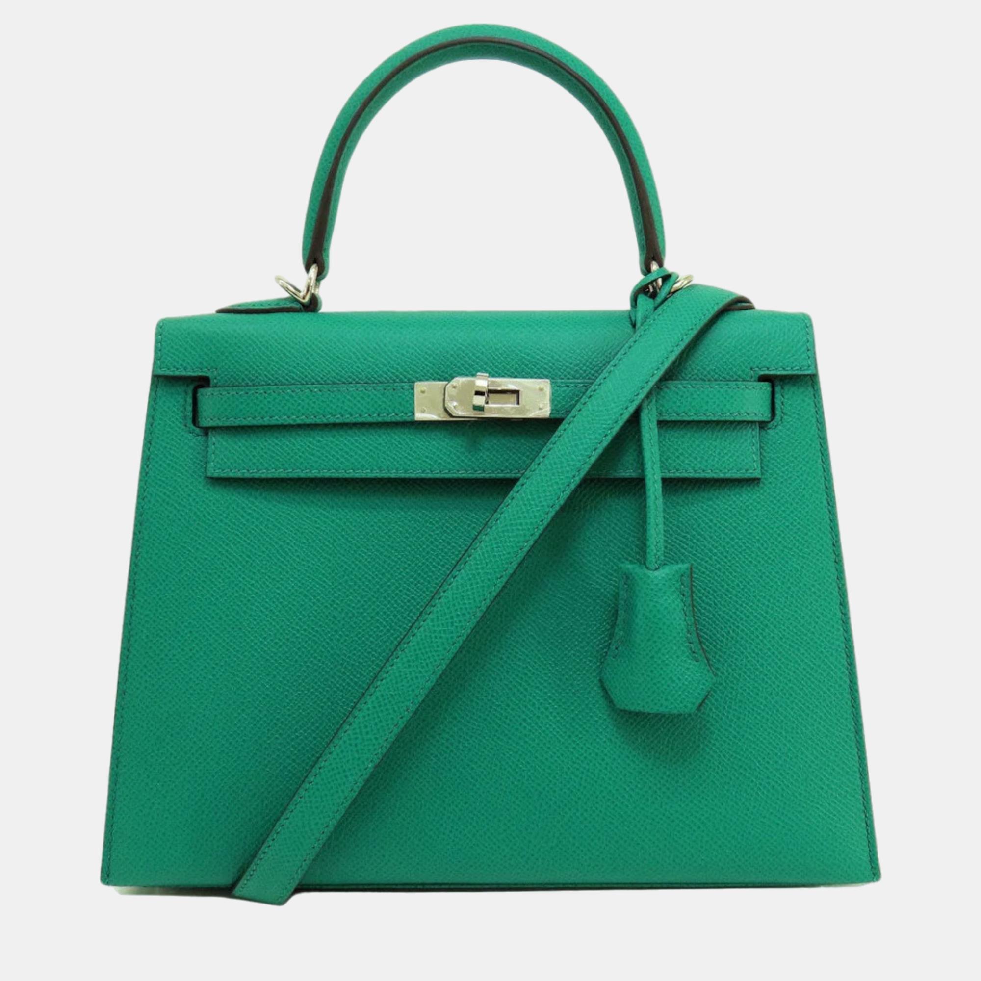 Pre-owned Hermes Kelly 25 Outside Sewing Veil Jade Handbag Epson Ladies In Green
