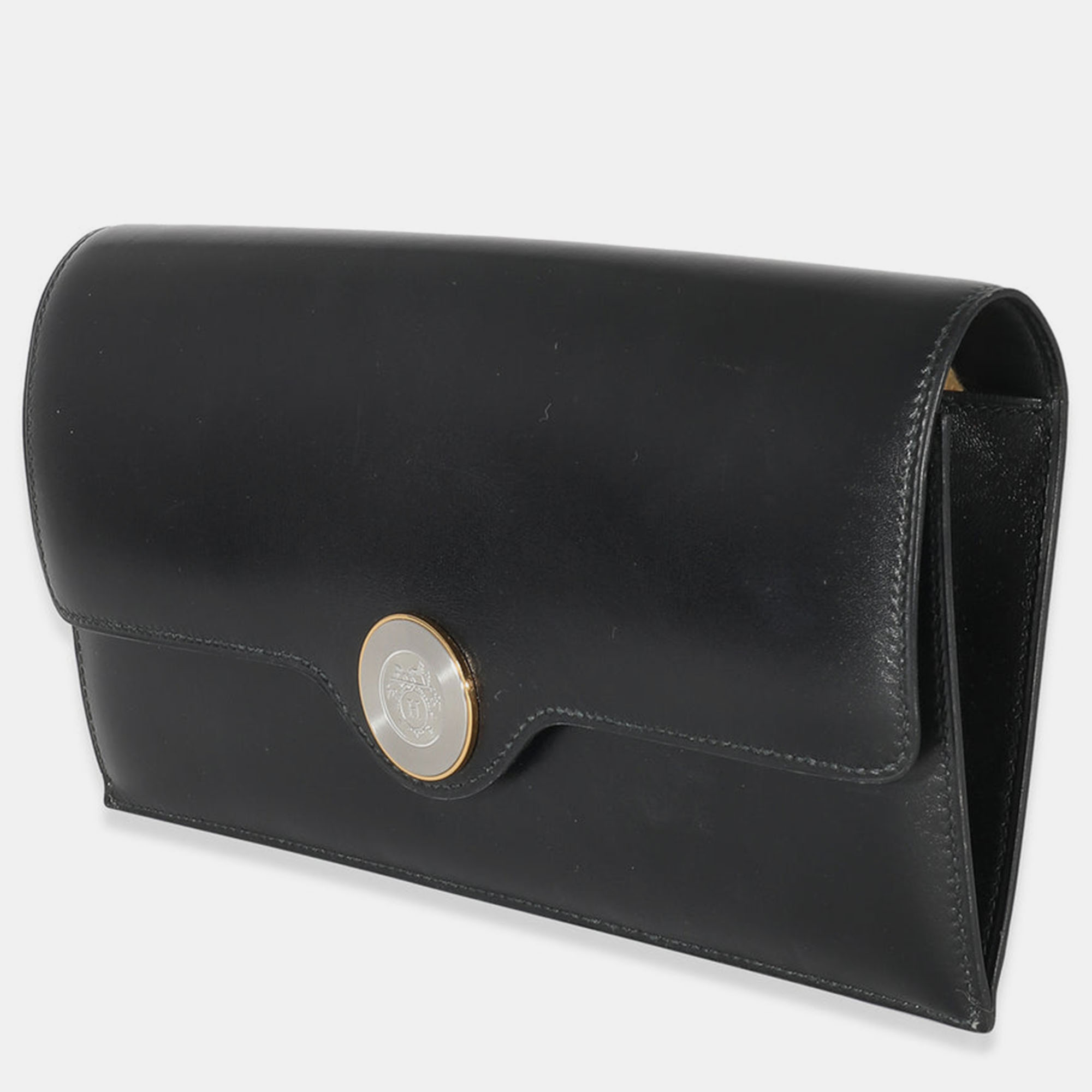 

Hermes Vintage Black Box Logo Plate Flap Clutch