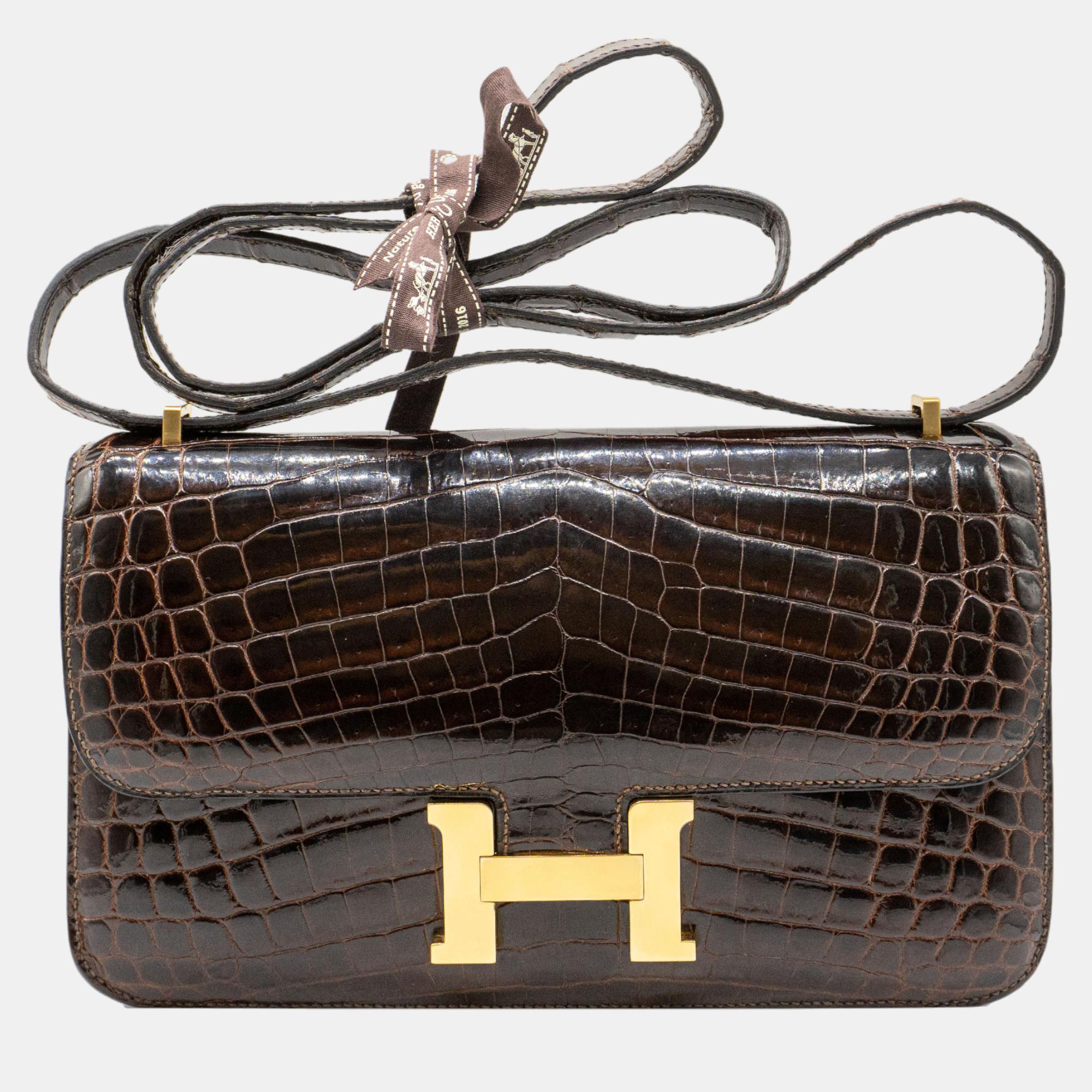 Pre-owned Hermes Hermès Constance Elan 25 In Shiny Brown Nilo Croc Ghw Bag