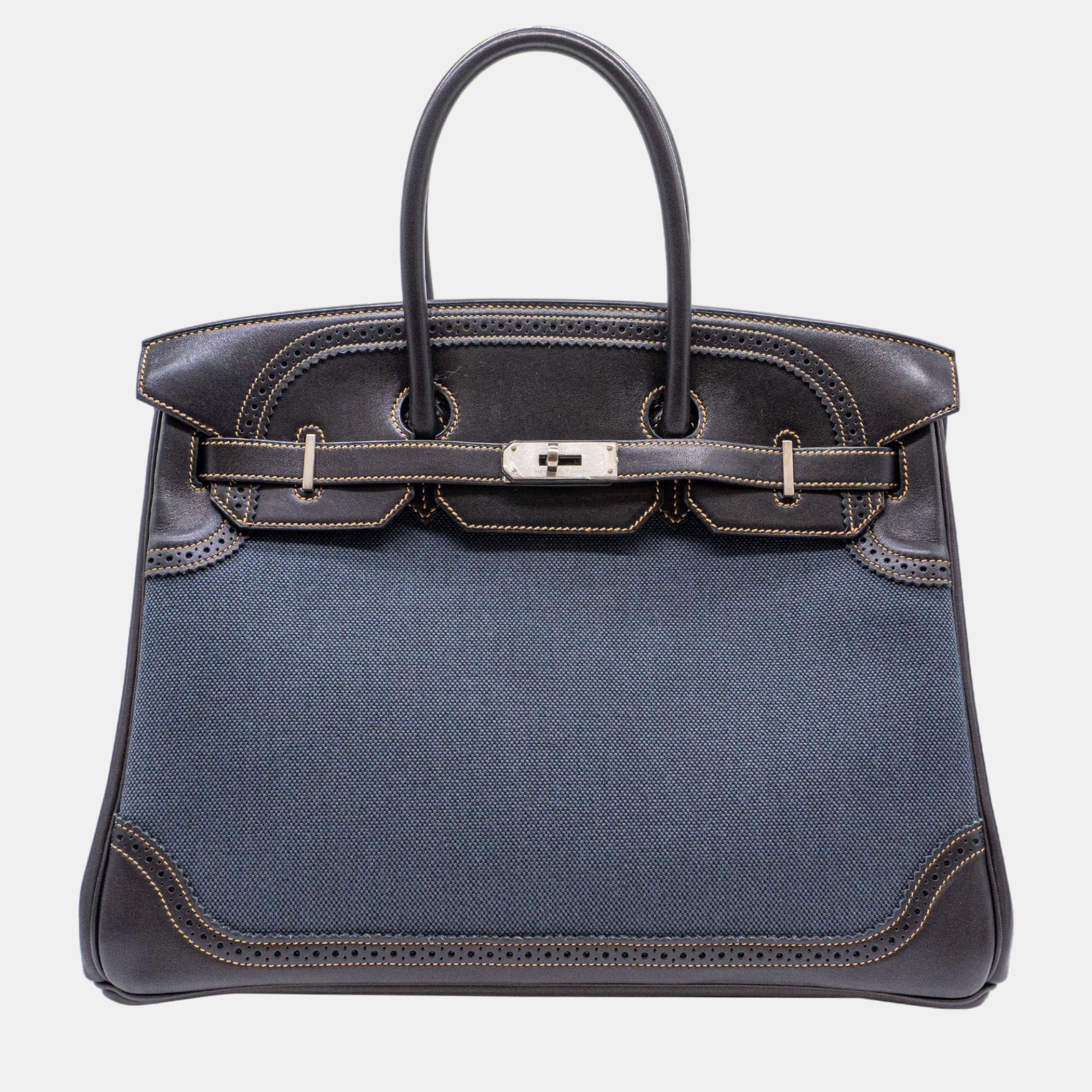 Pre-owned Hermes Hermès Birkin 35 Ghillies In Denim Fonce Toile & Black Evercalf Leather With Phw Bag
