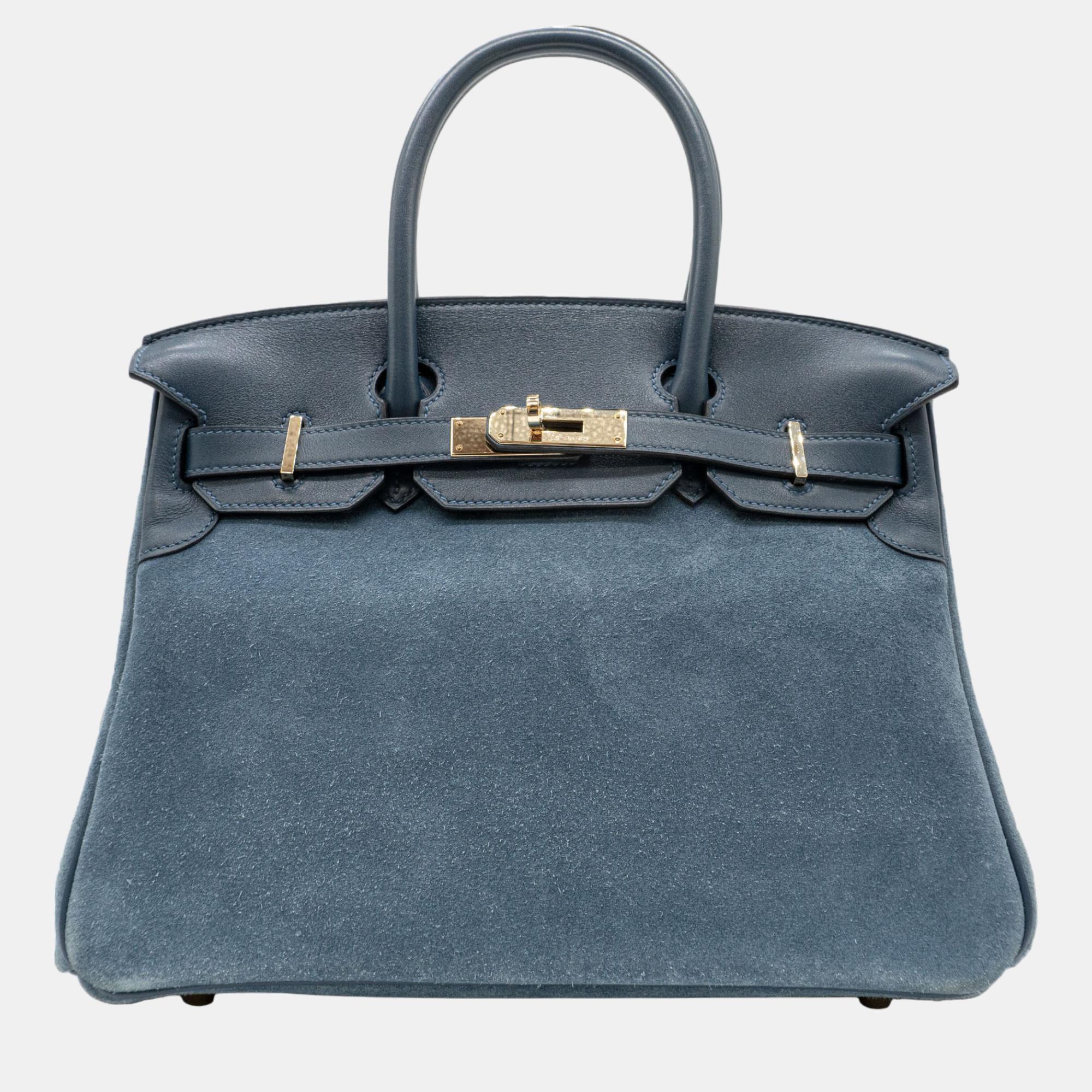 Pre-owned Hermes Hermès Birkin 30 Grizzly In Bleu Thalassa With Permabrass Hardware Bag In Blue