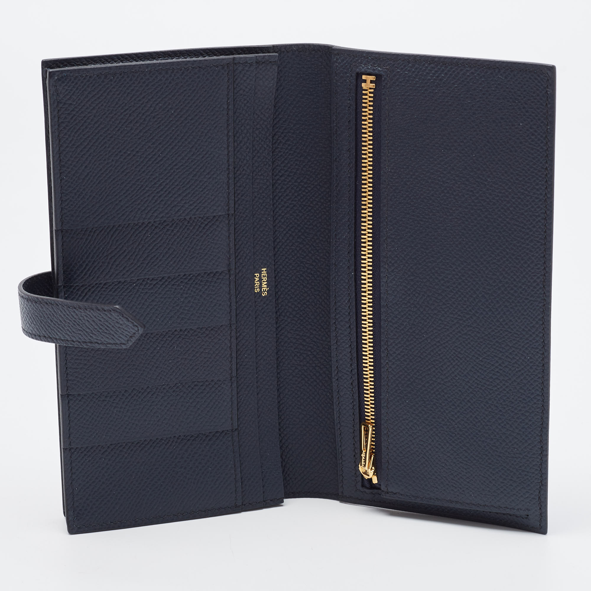 

Hermes Bleu Indigo Epsom Leather Gold Finish Bearn Wallet, Blue